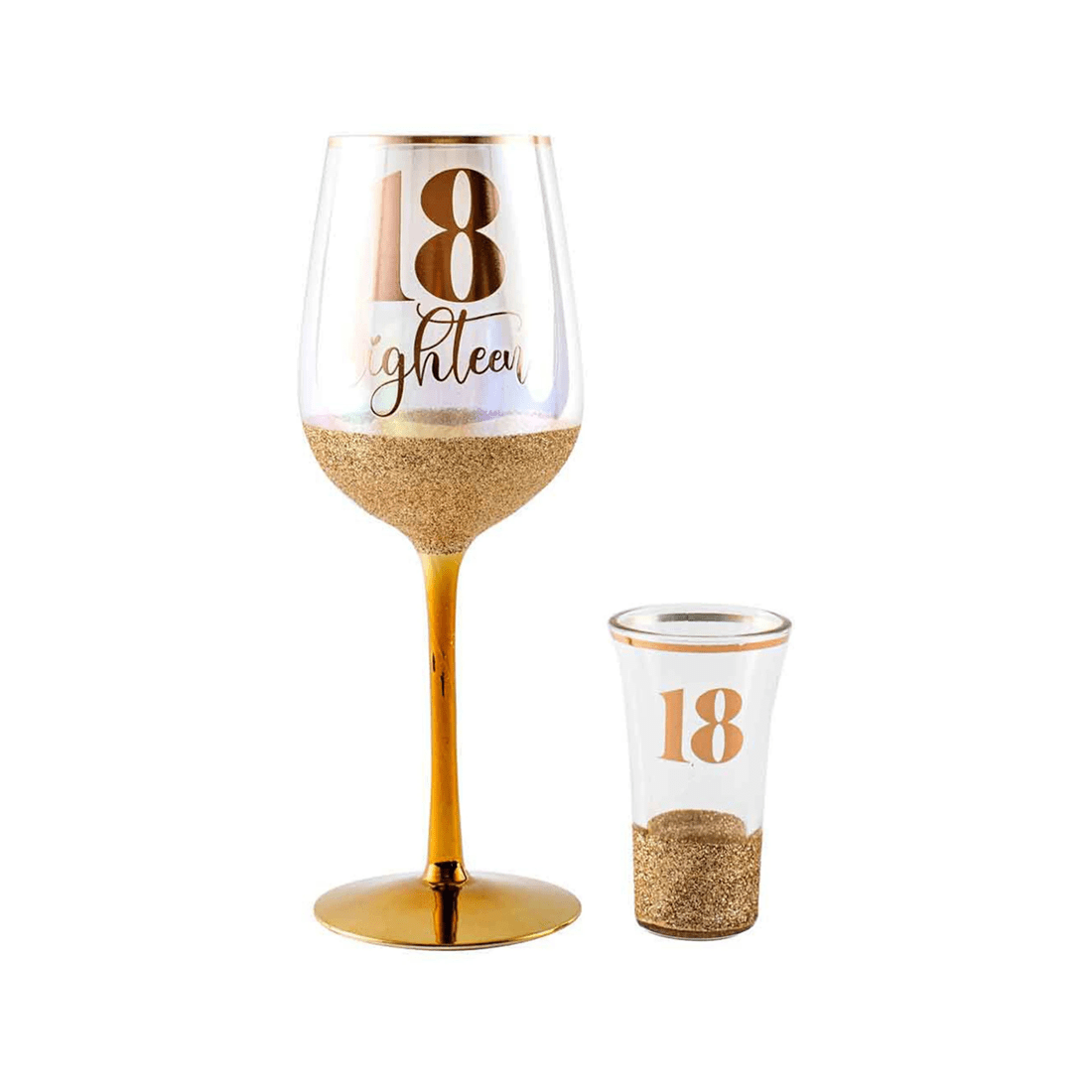 2 Glitterati 18th Celebration/birthday 430ml Wine & 30ml Shot Drinking Glass Set
 - Gold, 2 of 3