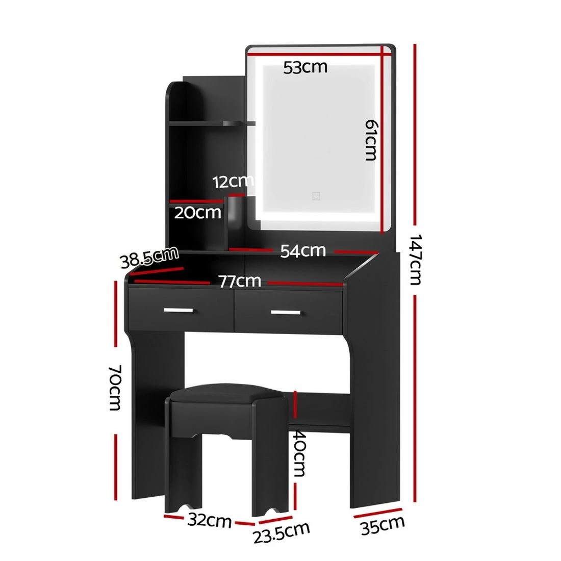 4 Artiss Dressing Table Set Stool Led - Black, 4 of 8