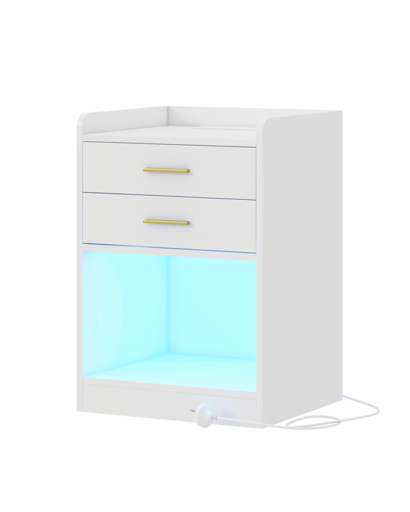 Advwin LED Bedside Table with Charging Station 2 Drawers Nightstand - White