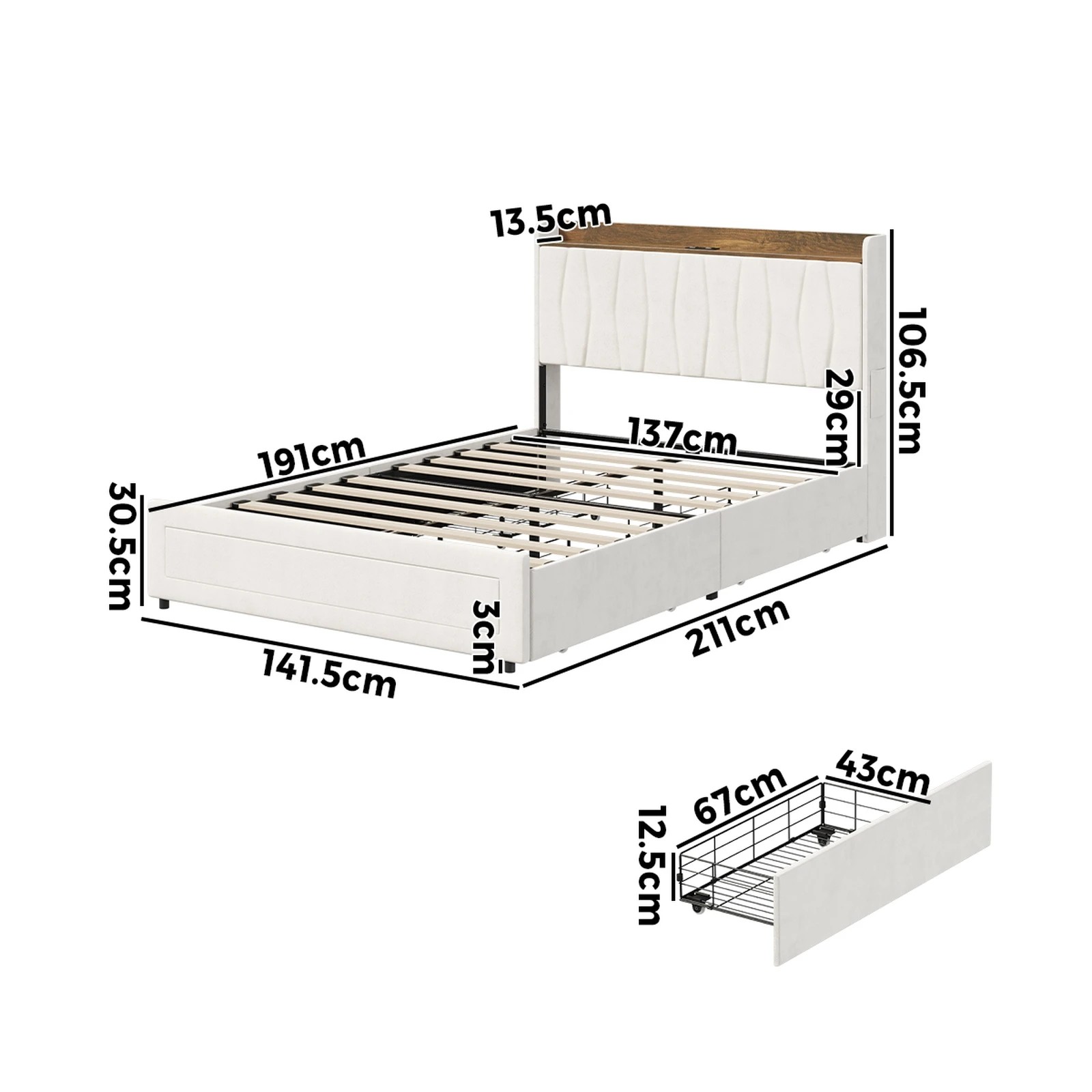 2 Oikiture Bed Frame Double Size with 4 Drawers Charging Station USB Ports - Beige, 2 of 7