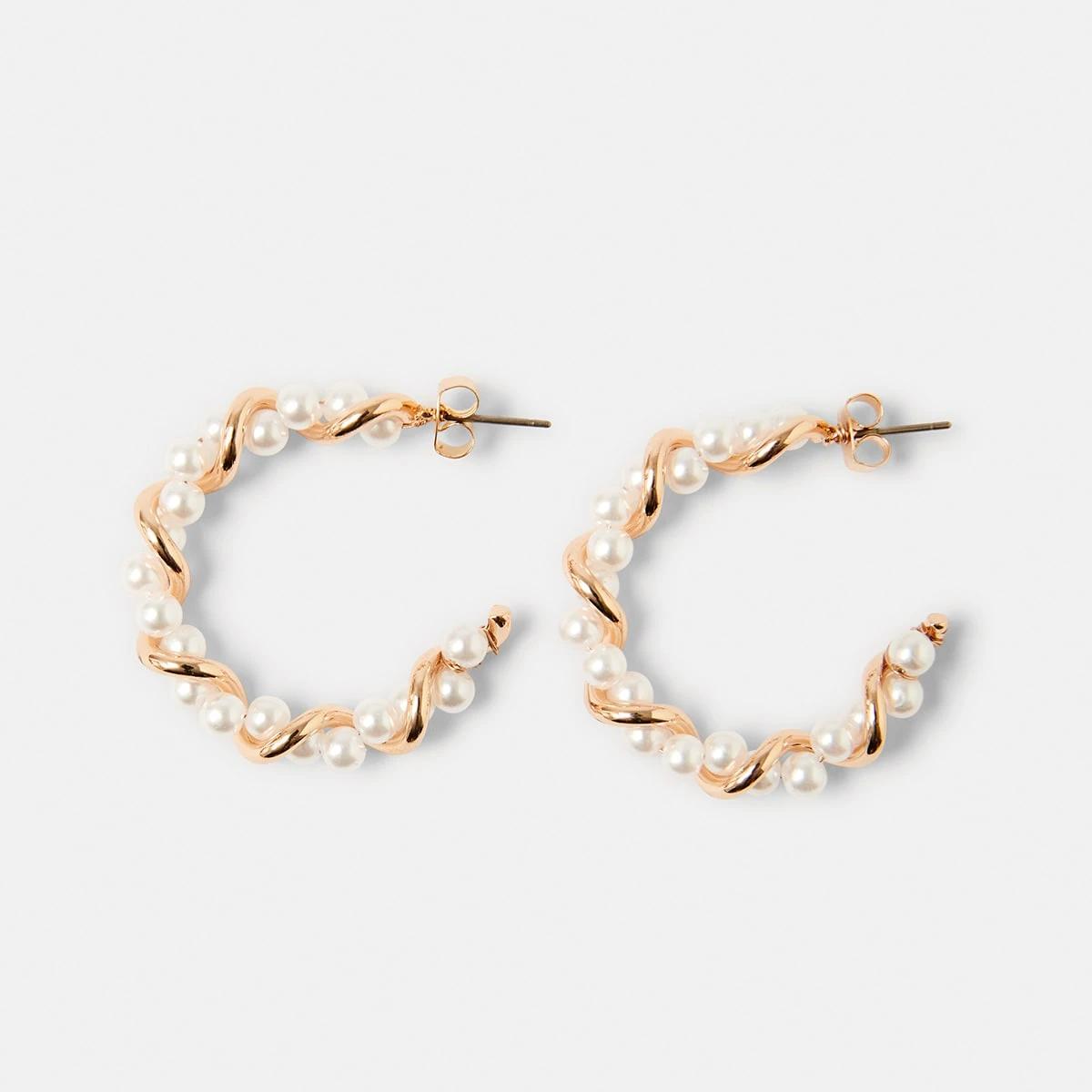 1 Faux Pearl Twist Hoop Earrings - Gold Tone Pearl, 1 of 5