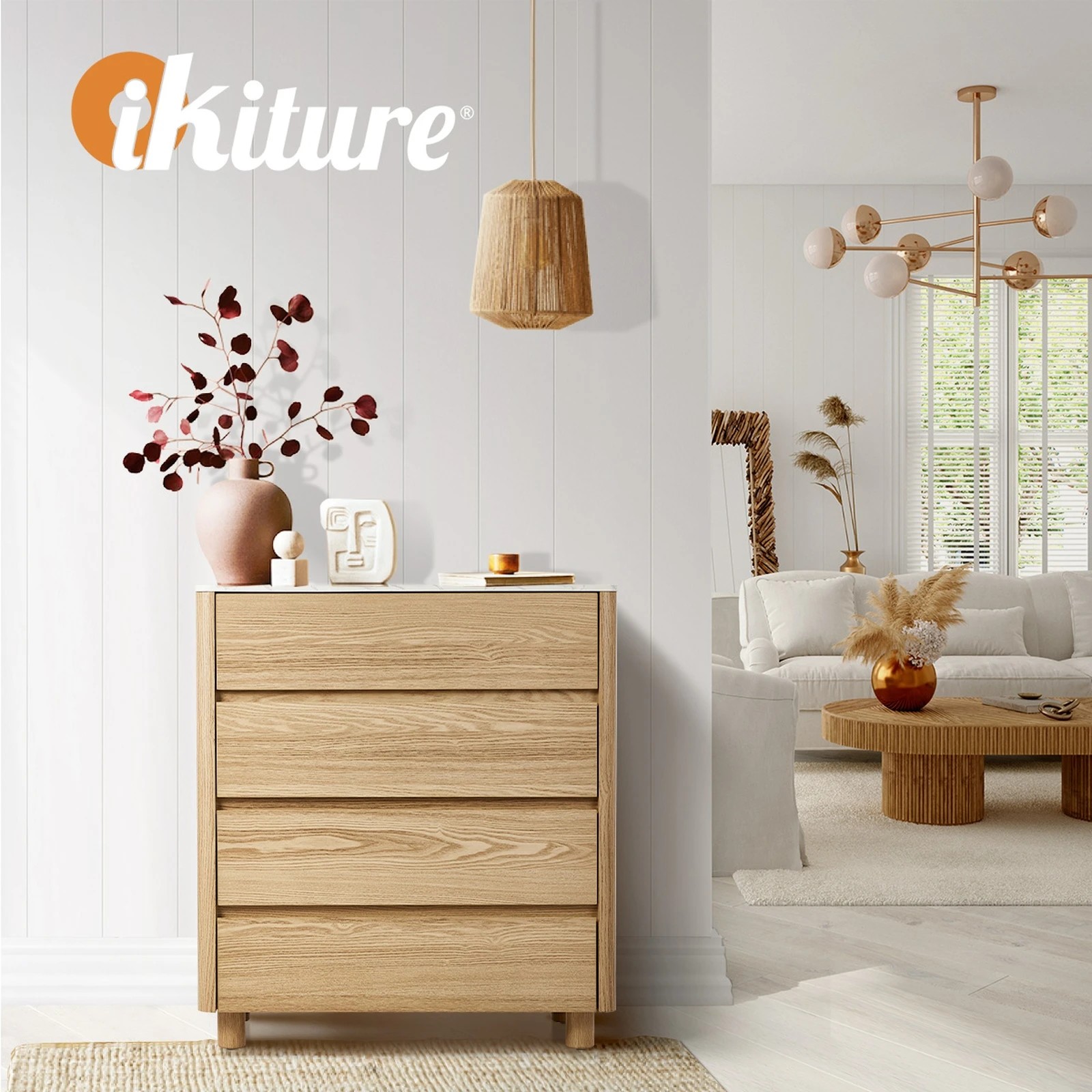 5 Oikiture 4 Chest Of Drawers Dresser Tallboy Storage Cabinet Faux Marble Top
 - Natural, 5 of 10