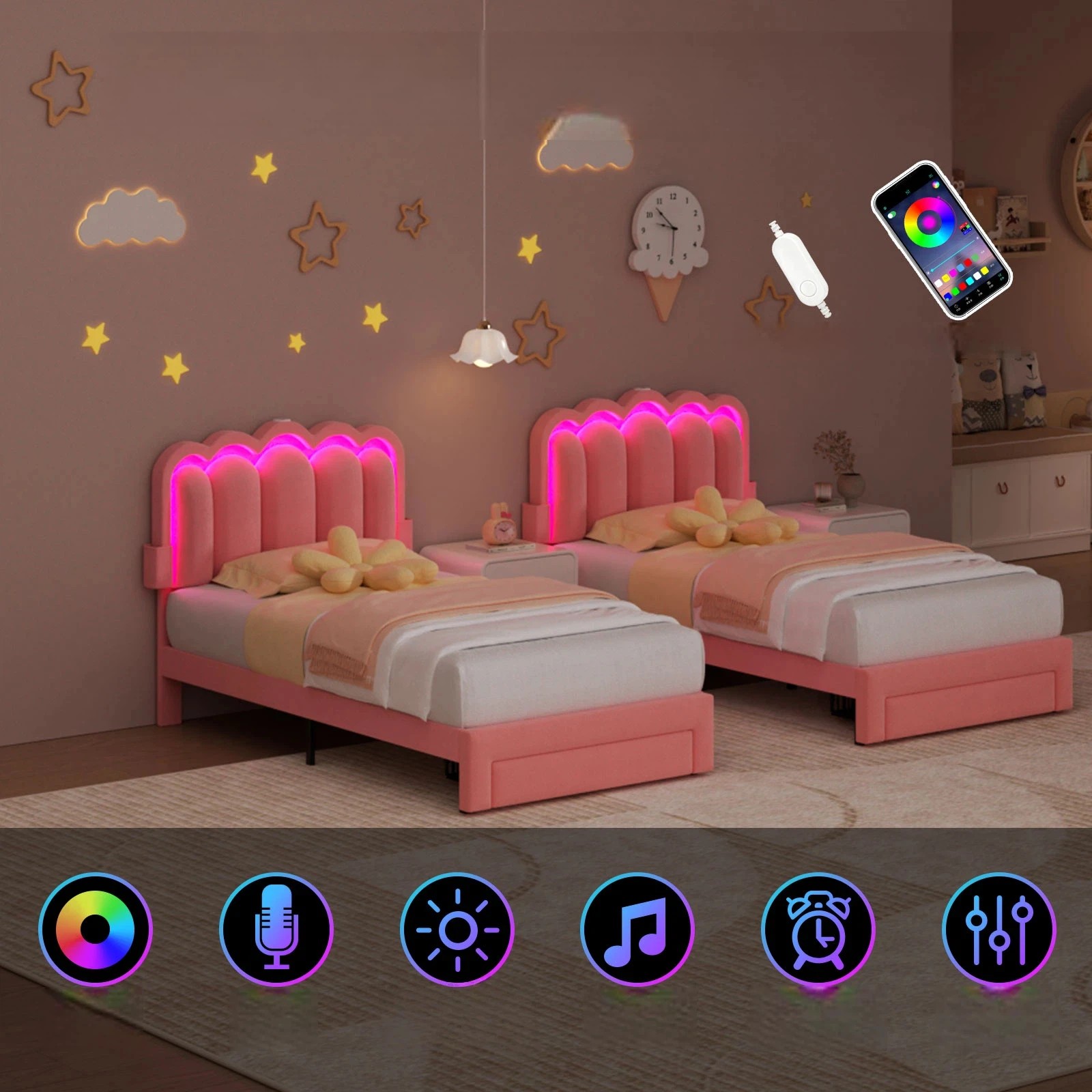 6 Advwin LED Bed Frame with Adjustable Headboard and Drawer USB Velvet King Single - Pink, 6 of 10