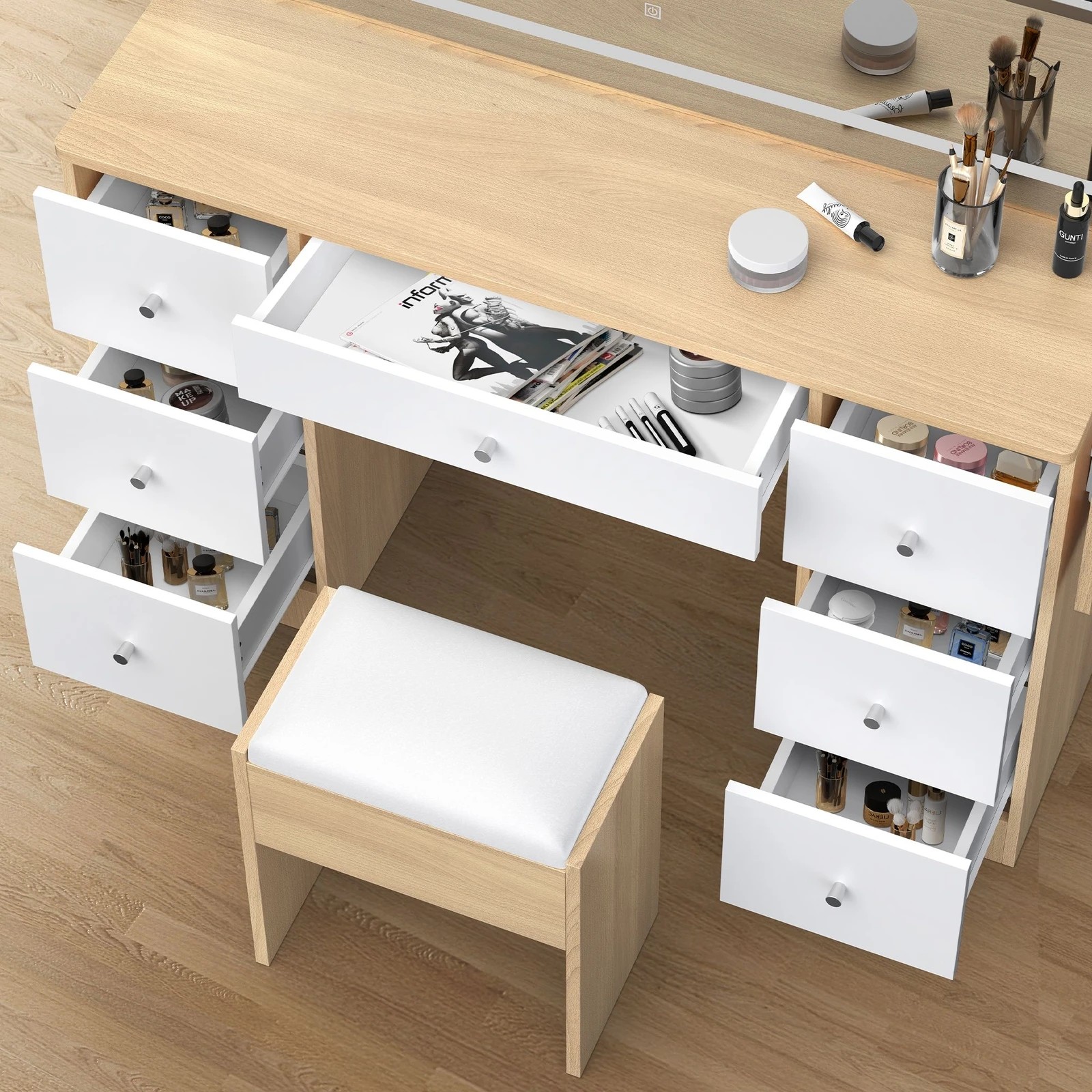 6 Alfordson Dressing Table Stool Set Makeup Mirror LED Vanity Desk 7 Drawers - Wood, 6 of 10