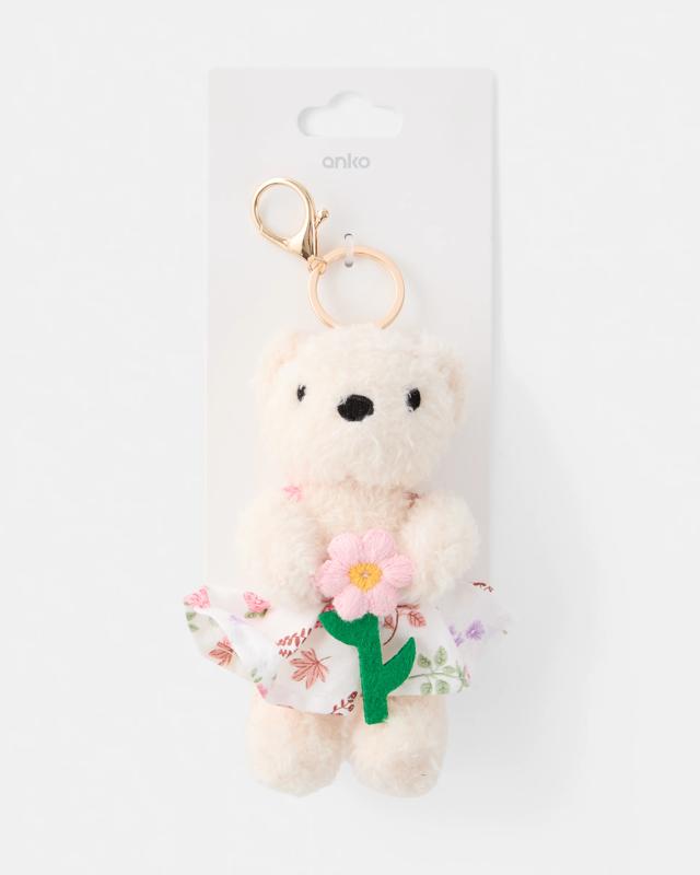 Flower Bear Charm Keyring - Beige and Gold 