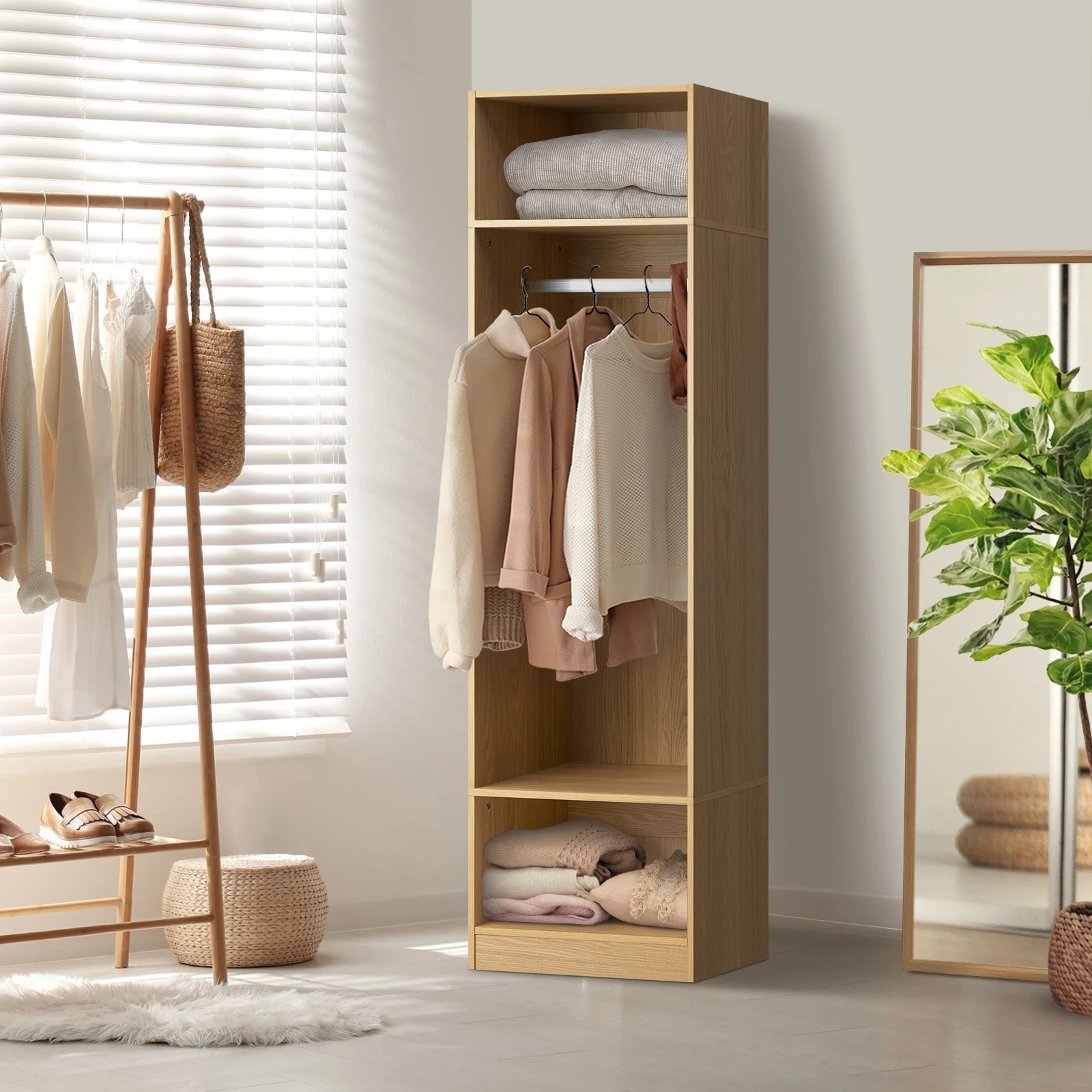 2 Oikiture Open Wardrobe Shelf Unit Clothes Storage 3 Shelves Hanging Rail
 - Natural, 2 of 10