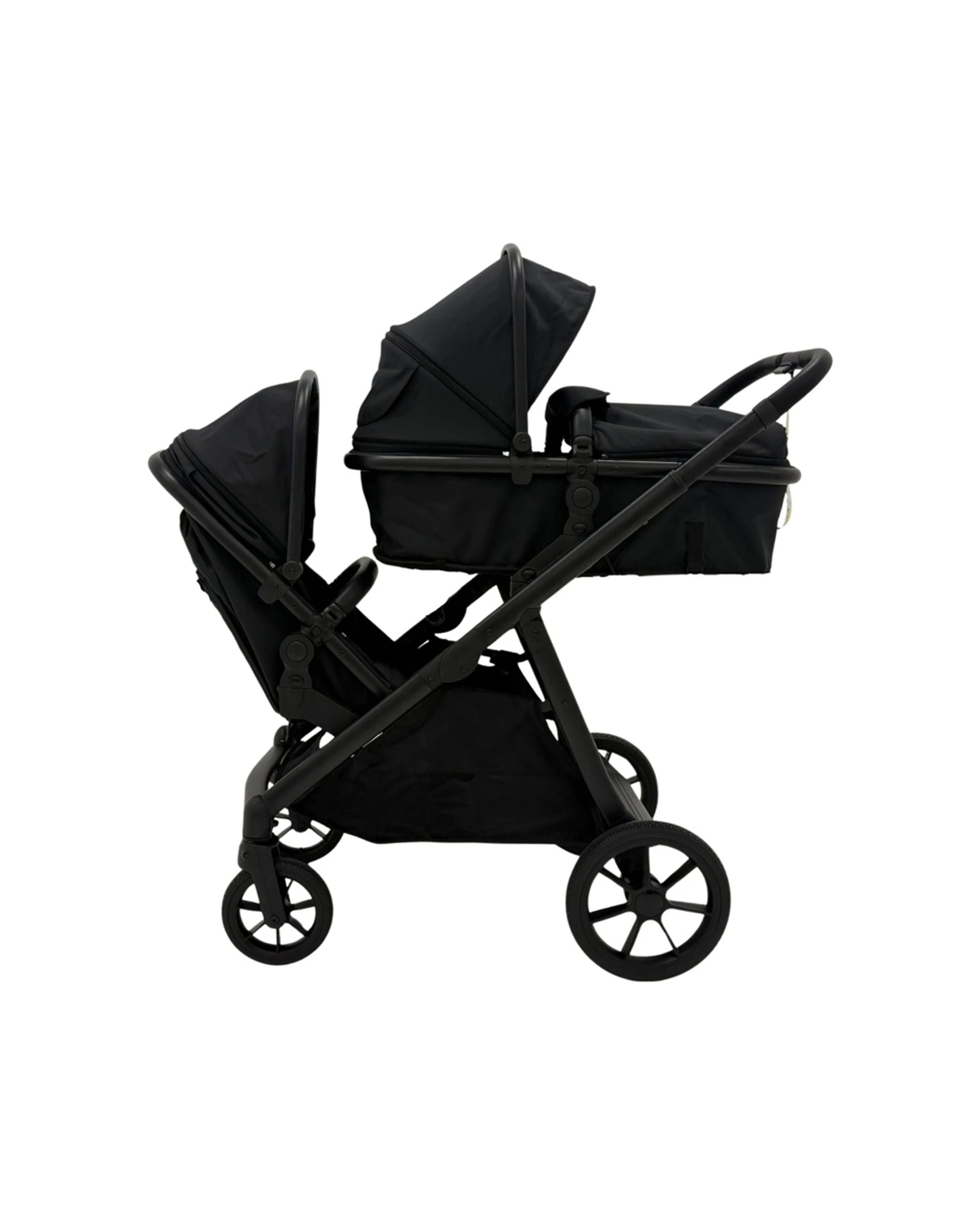 1 Babystudio The Tribe Double Pram Frame With 2 Carrycot Toddler Seats Lightweight - Black, 1 of 3