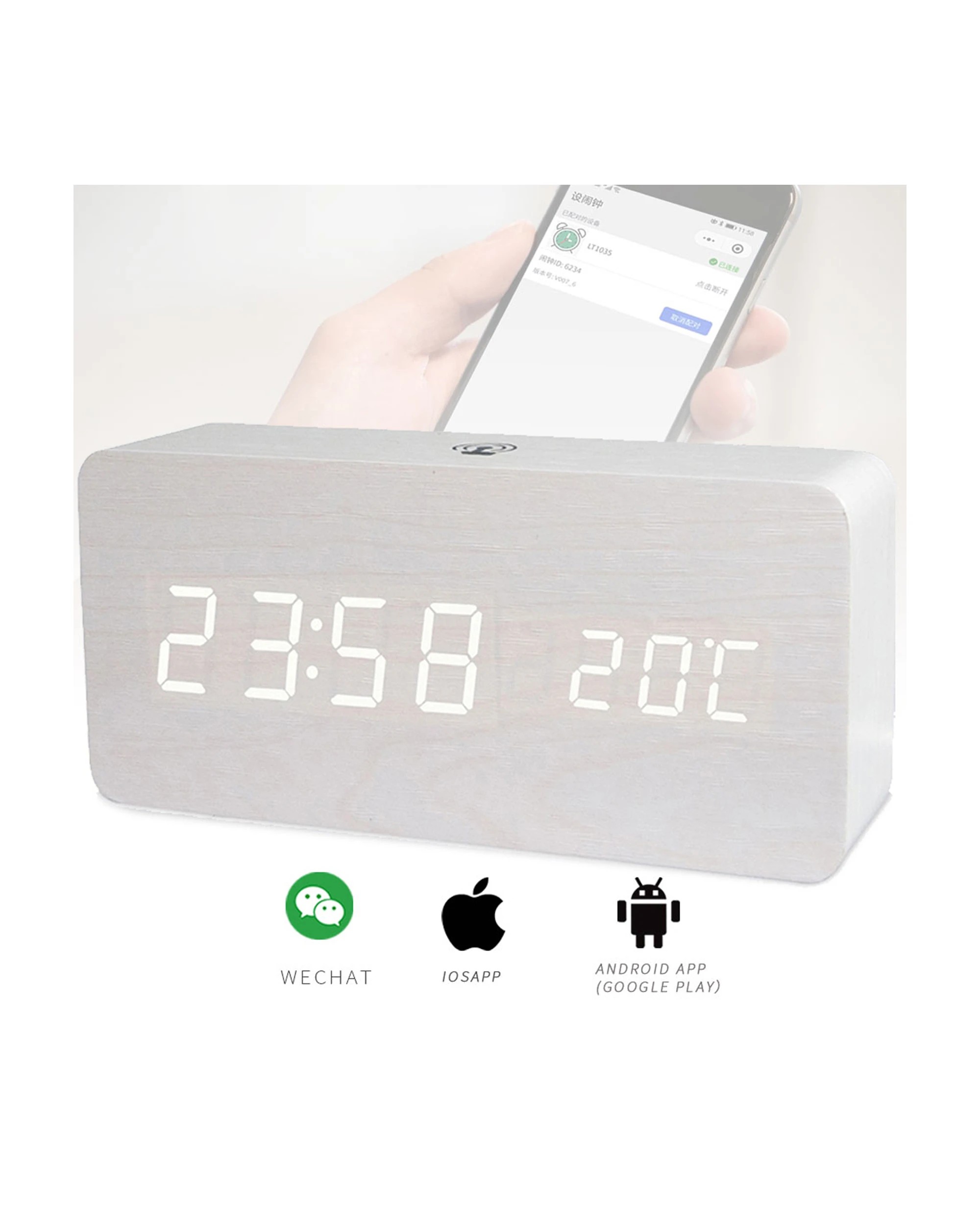 2 TODO Rechargeable LED Digital Alarm Clock Woodgrain USB Android iOS Control APP - White, 2 of 3