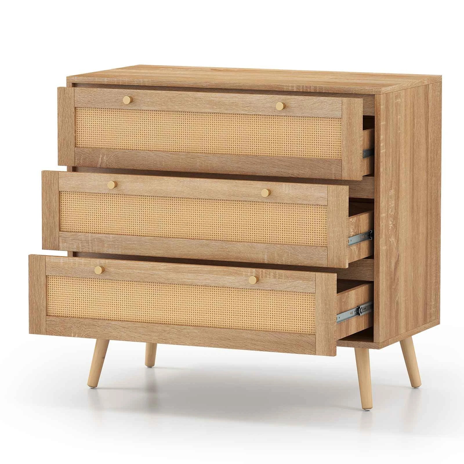 1 Costway 3 Chest of Drawer Rattan Dresser Chest Nightstand Bedside Table Cabinet, 1 of 6