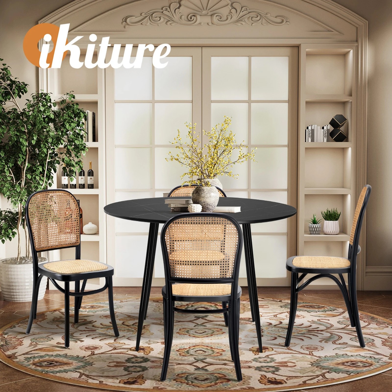 7 Oikiture 110cm Round Dining Table with 4PCS Dining Chairs Wooden - Black, 7 of 9
