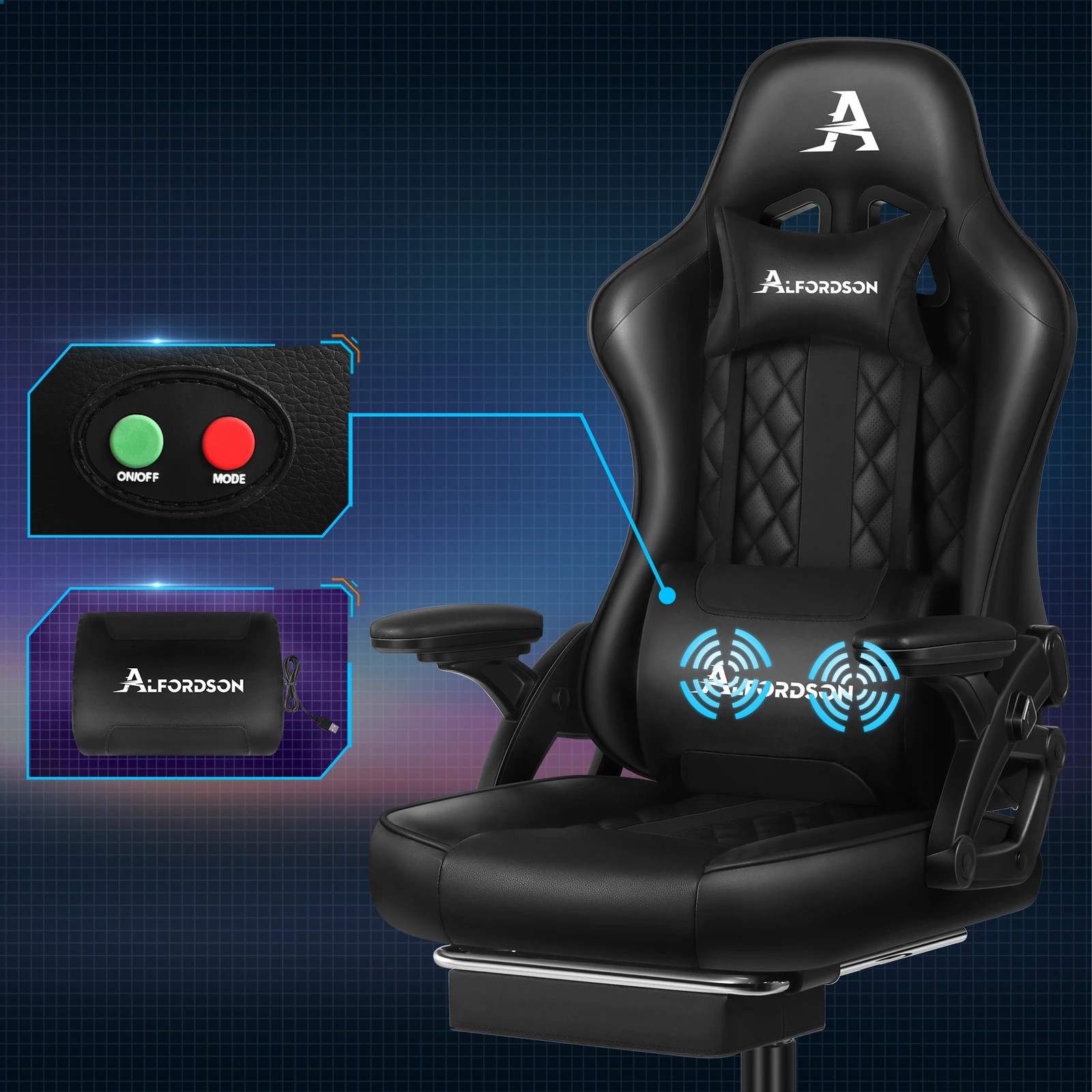 3 Alfordson Gaming Office Chair Massage Computer Footrest Seat Leather - All Black, 3 of 10