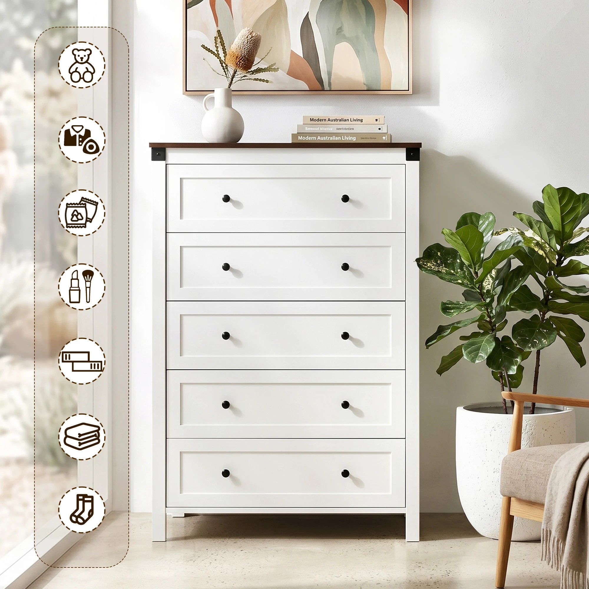 5 Artiss 5 Chest of Drawers Storage Tallboy Dresser Cabinet Bedroom - White, 5 of 9