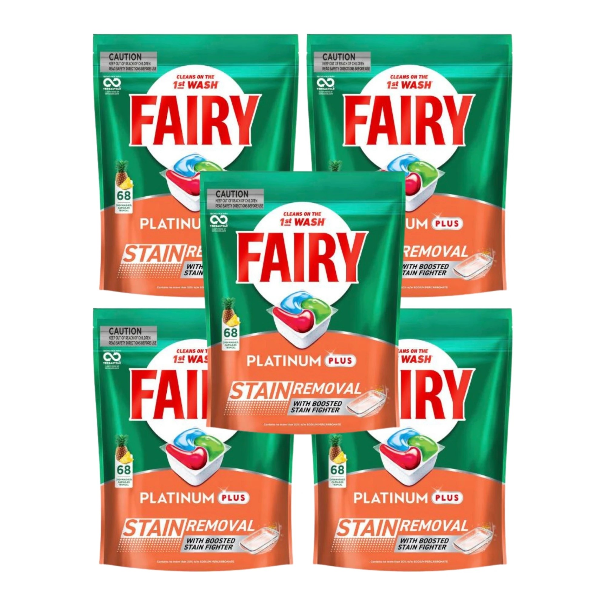 1 Fairy Platinum Plus Tropical Dishwasher Capsules 68 Pack x5 DATED 07/08/26, 1 of 1