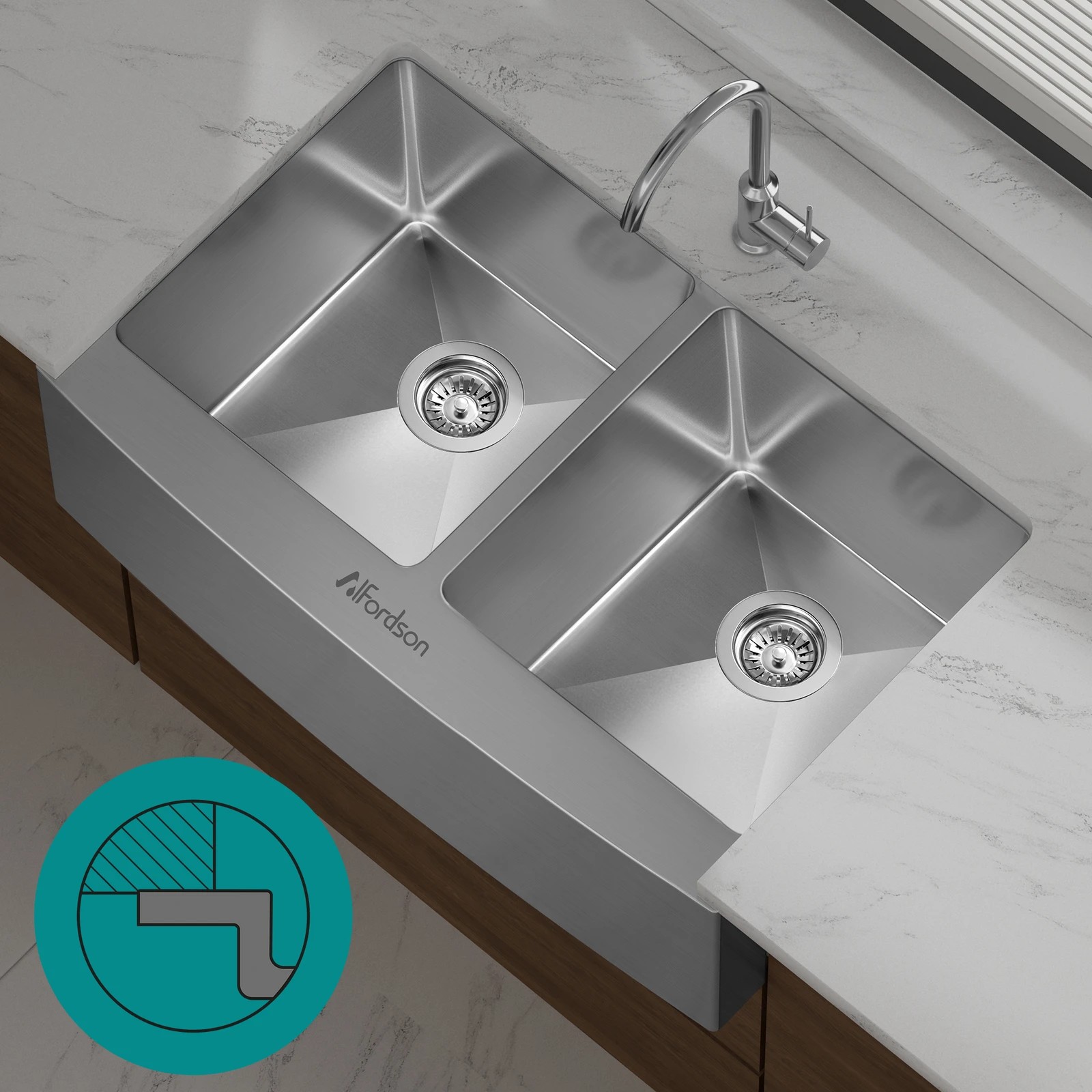 8 Alfordson Farmhouse Kitchen Sink 81x50cm Stainless Steel Basin Double Bowl - Silver, 8 of 9