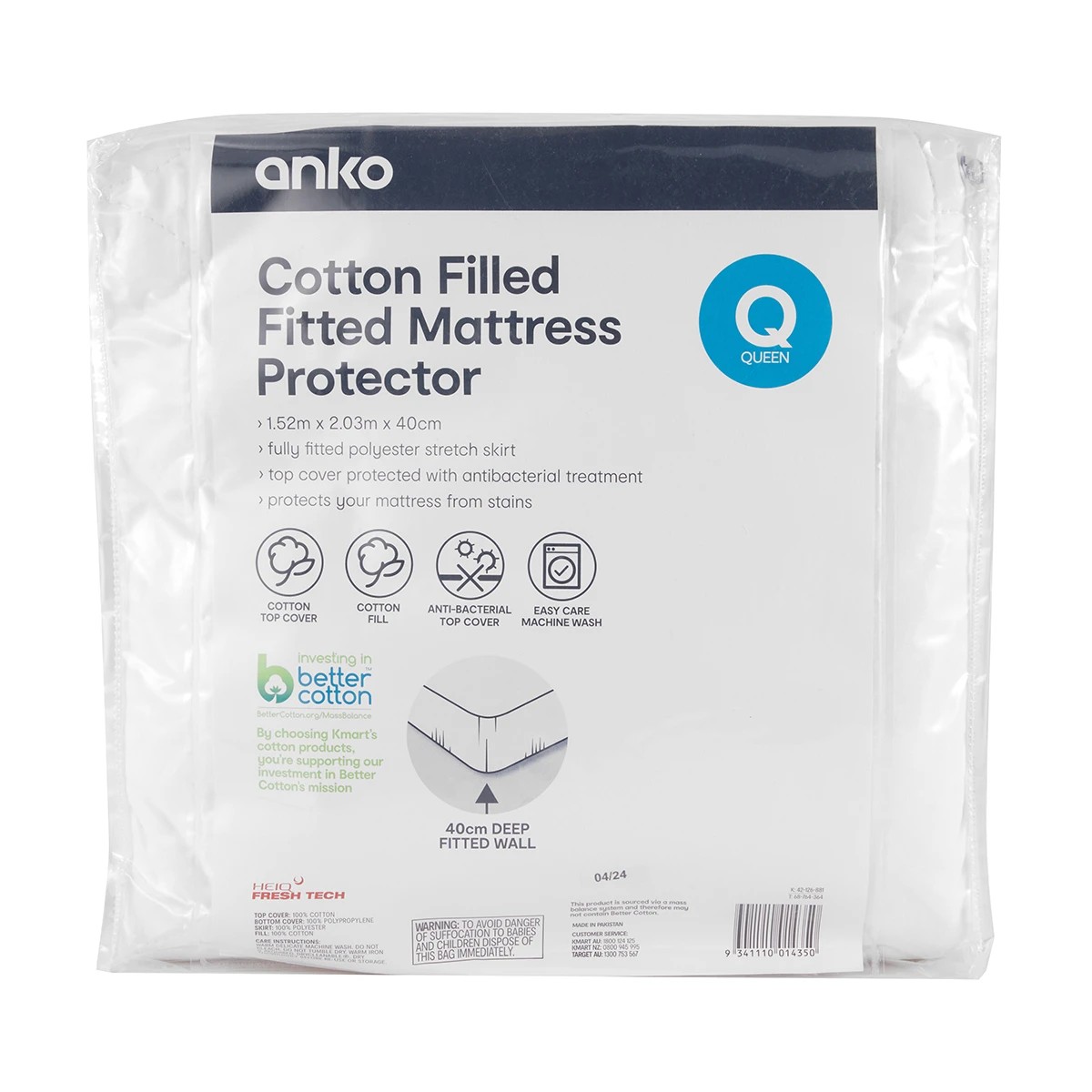 1 Cotton Filled Fitted Mattress Protector - Queen Bed, White, 1 of 4