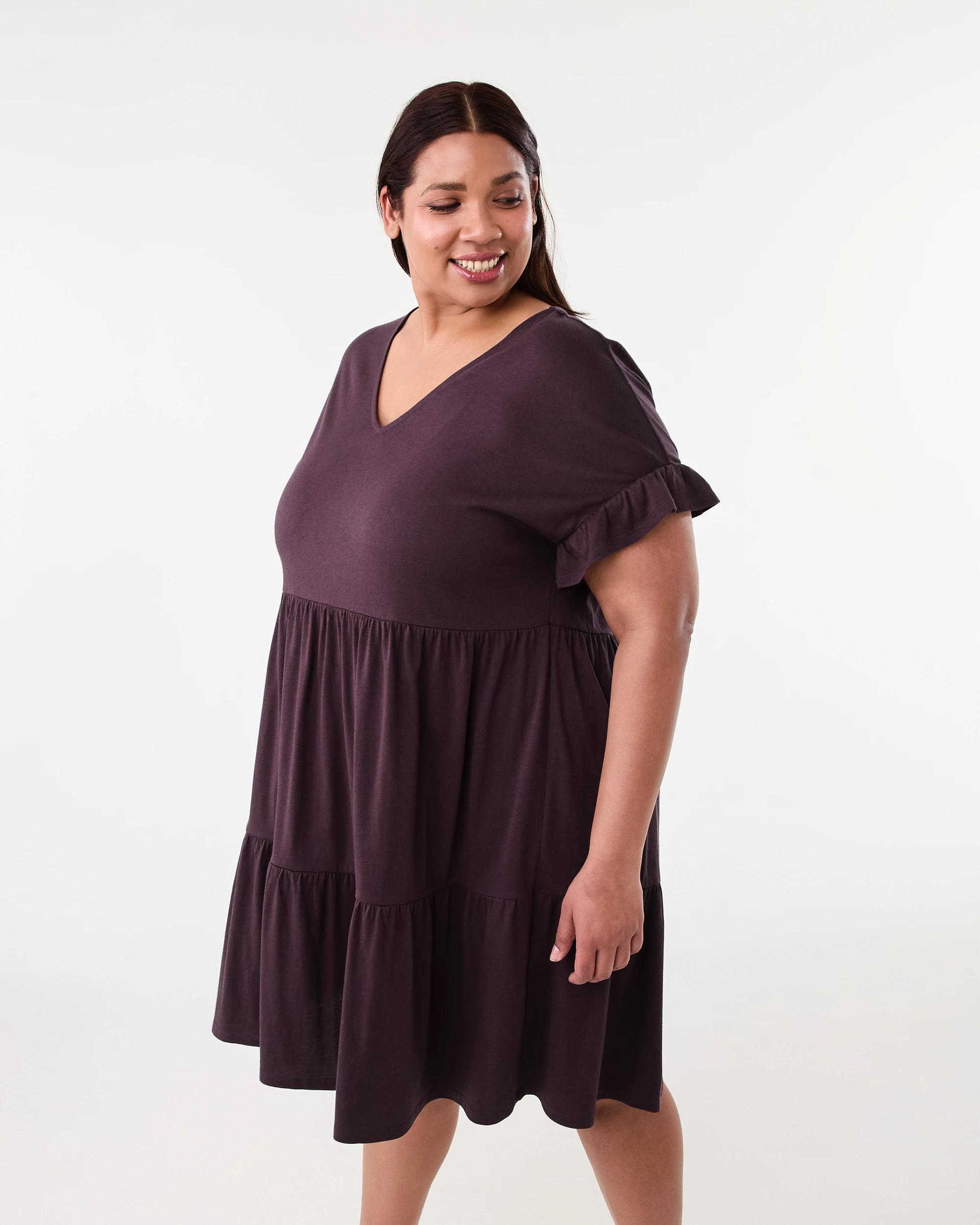 2 Curve Short Sleeve Frill Tier Knit Mini Dress Fudge, 2 of 8