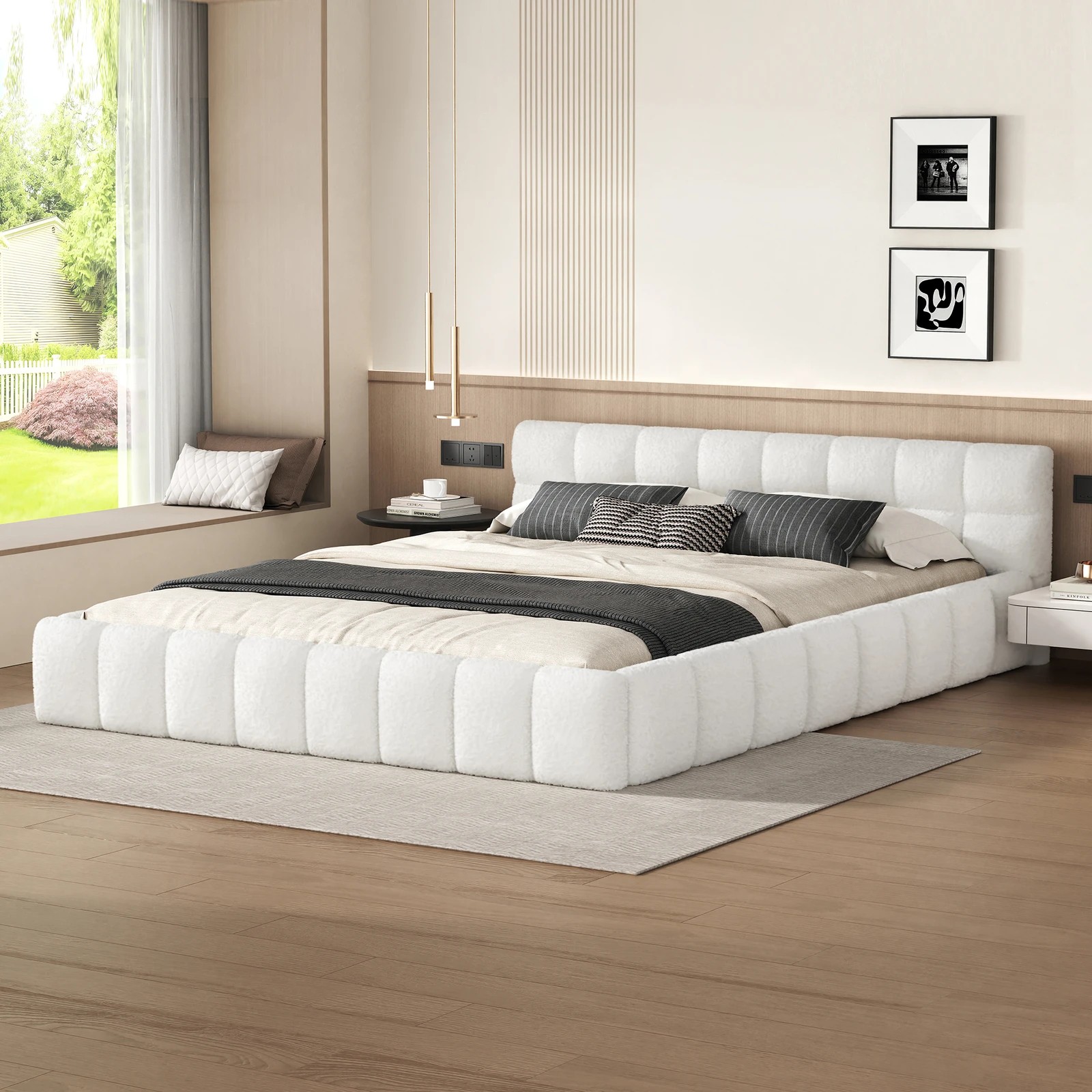 2 Alfordson Bed Frame Double Size Tufted Headboard Foundation Boucle Talmon - White, 2 of 10