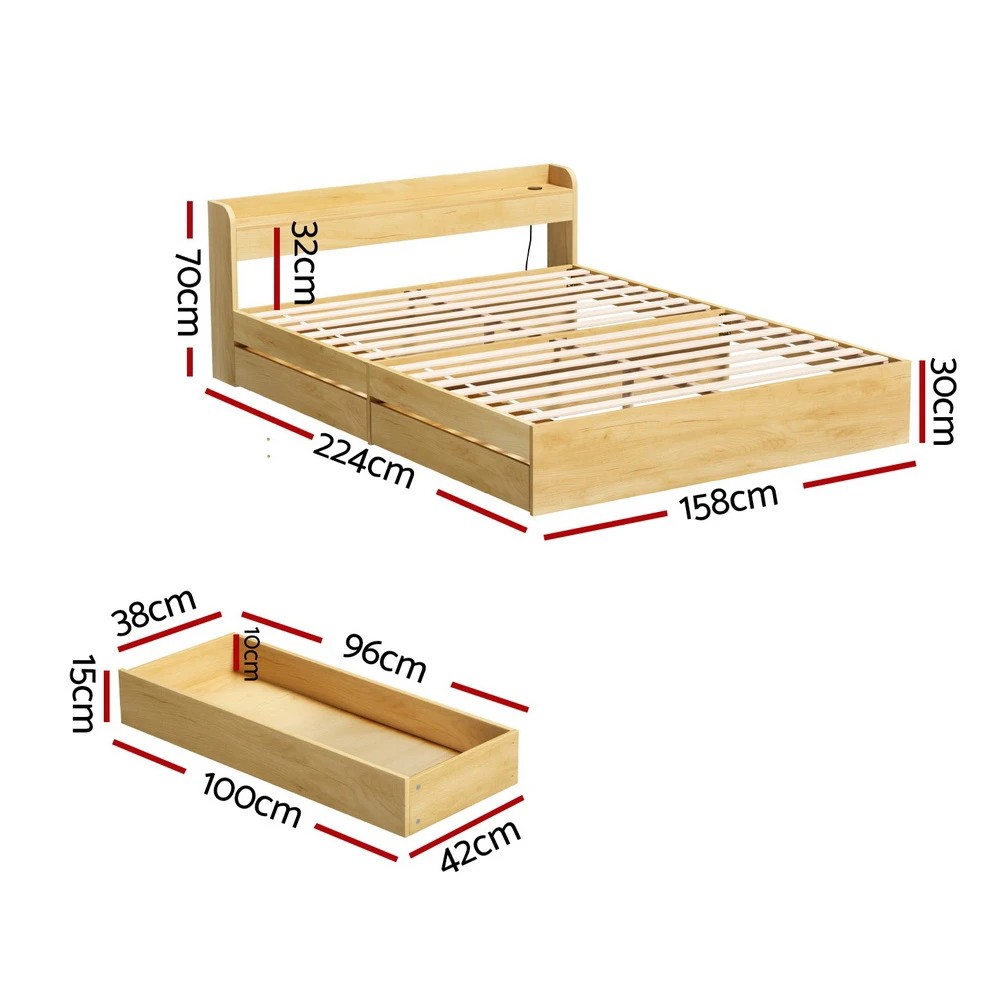 2 Artiss Bed Frame Queen Size with Charging Ports and 2 Drawers - Natural, 2 of 7