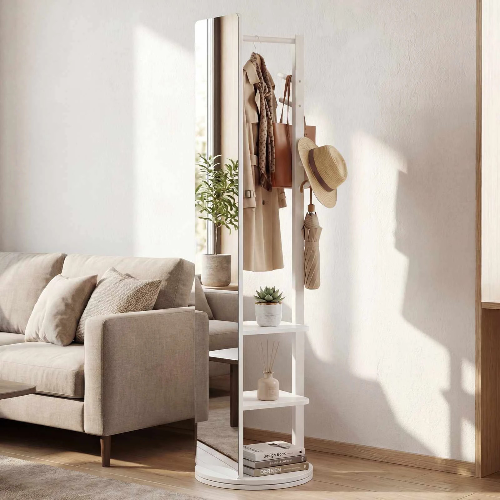 2 Costway Swivel Full Length Mirror 3-in-1 Coat Rack Stand Hat Hanger w/Hooks, 2 of 3