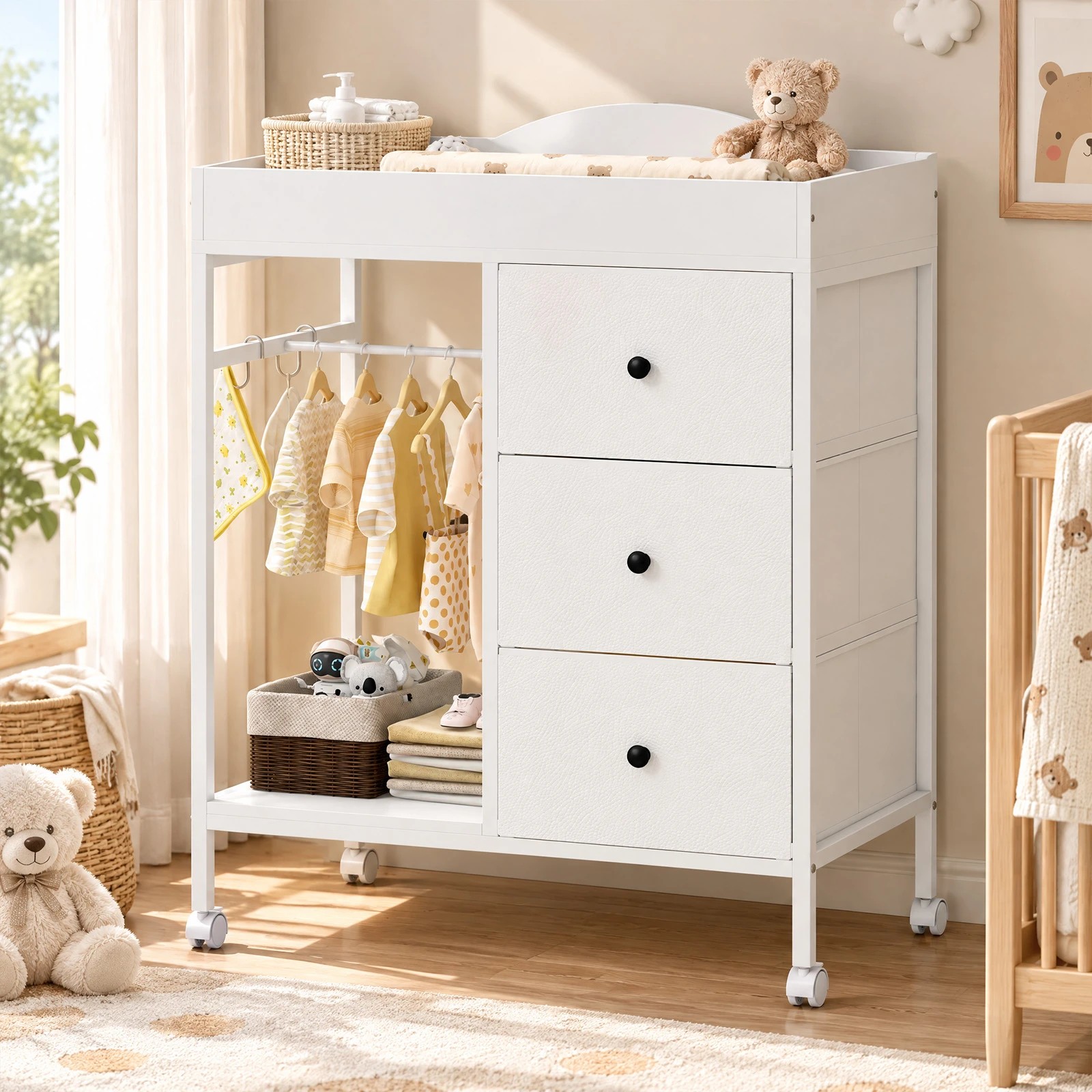 2 Advwin 3-Drawer Baby Change Table with Clothes Rail Lockable Casters - White, 2 of 9