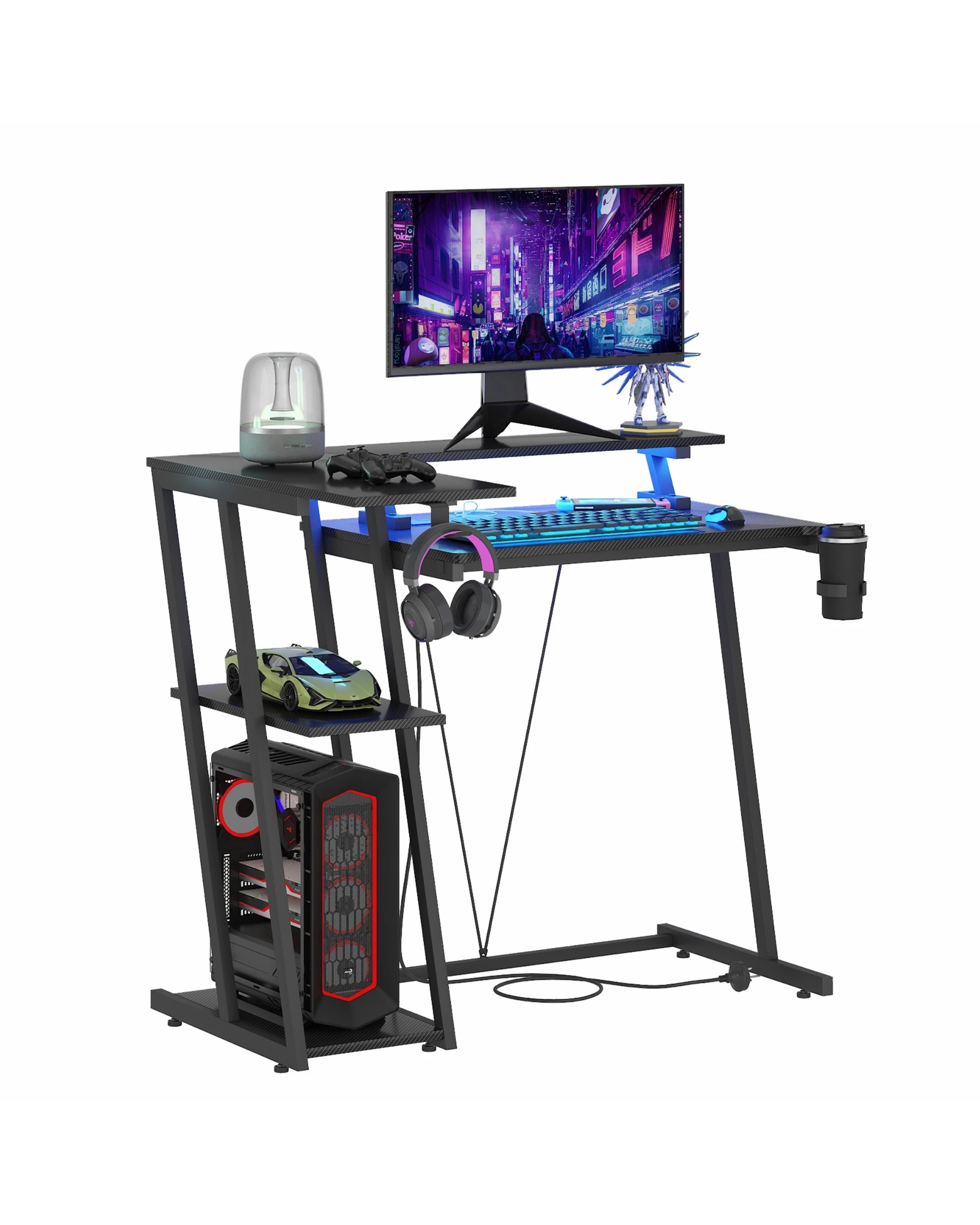 5 Advwin L Shaped Gaming Desk with LED Lights & Power Outlets Reversible Storage Shelf 100cm - Black, 5 of 10