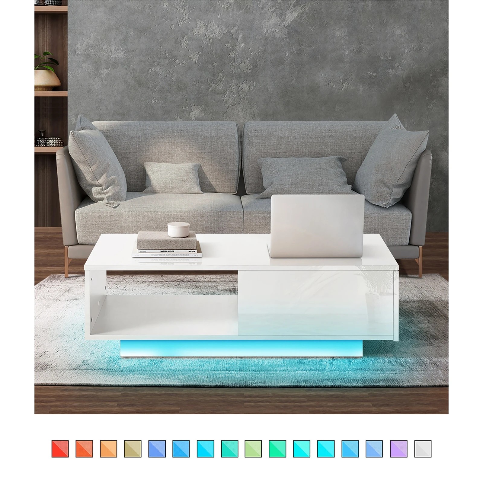 3 Oikiture Coffee Table Led Light High Gloss Storage Drawer Modern
 - White, 3 of 10