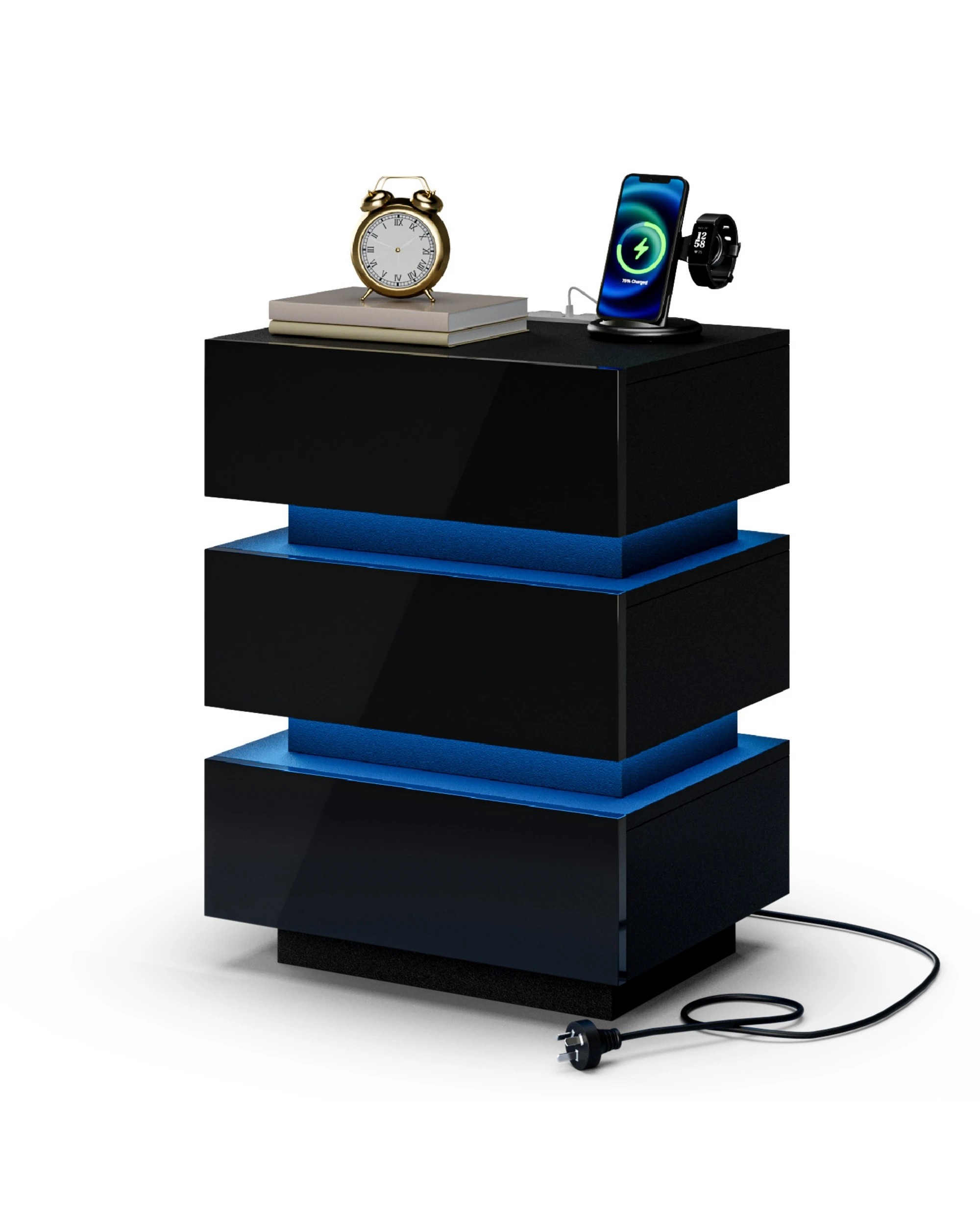 7 Advwin 2x Bedside Table 3 Drawers With with Charging Station & LED Light - Black, 7 of 7