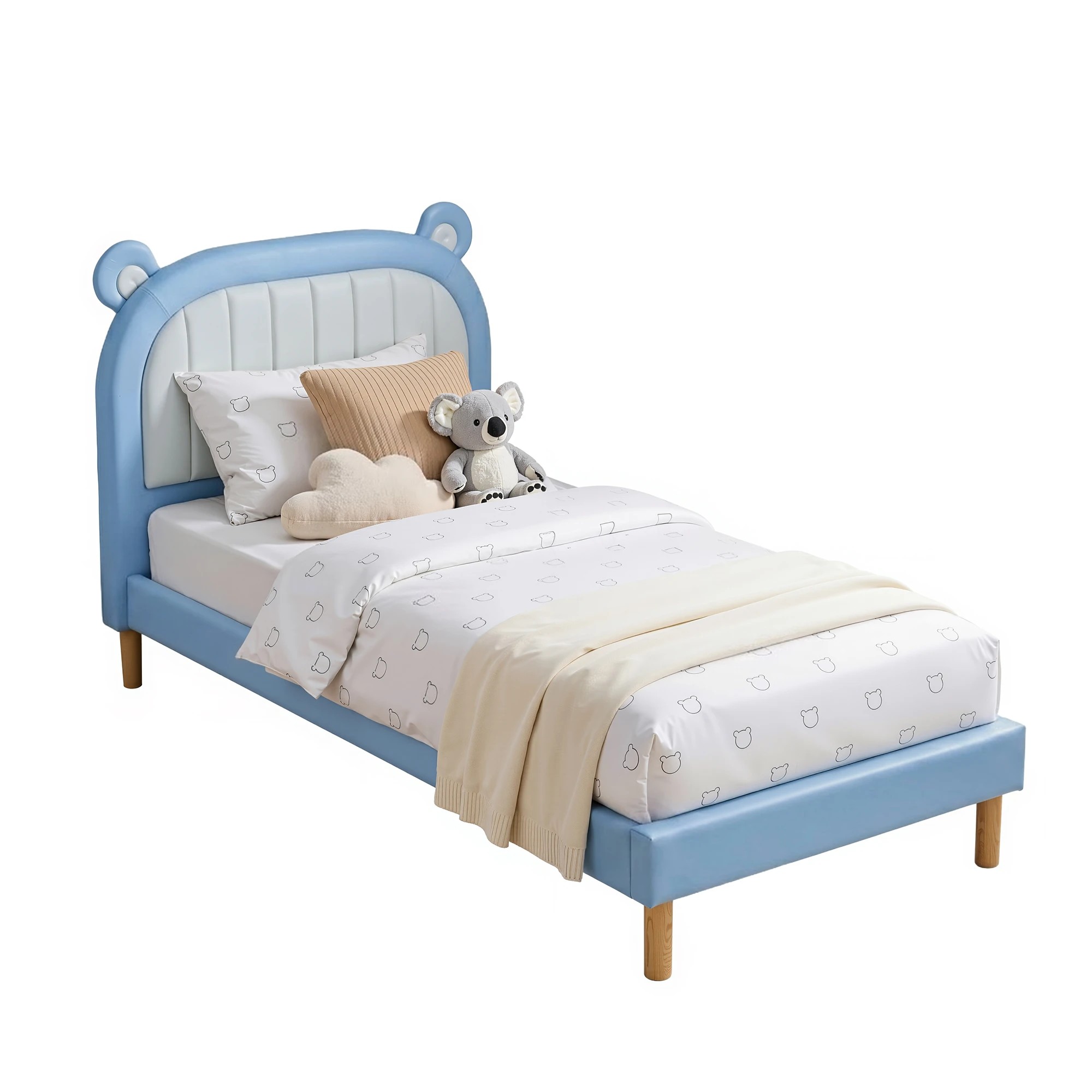 1 Artiss Kids King Single Bed Frame Upholstered Bear Headboard Boys Bed - Multi, 1 of 8