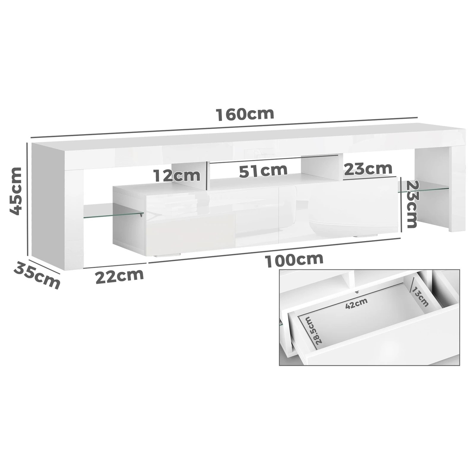 2 Alfordson Entertainment Unit 160cm TV Stand LED Light Storage Gloss - White, 2 of 10