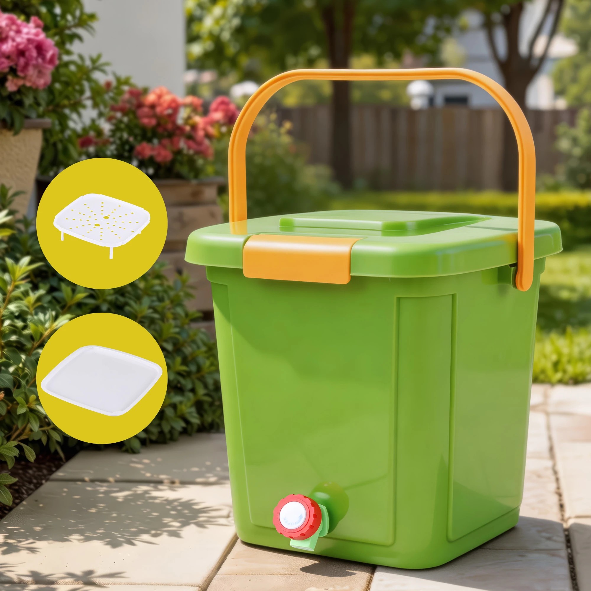 2 Gardeon 15L Kitchen Compost Bin Food Waste Caddy Countertop Drain Tap - Green, 2 of 8
