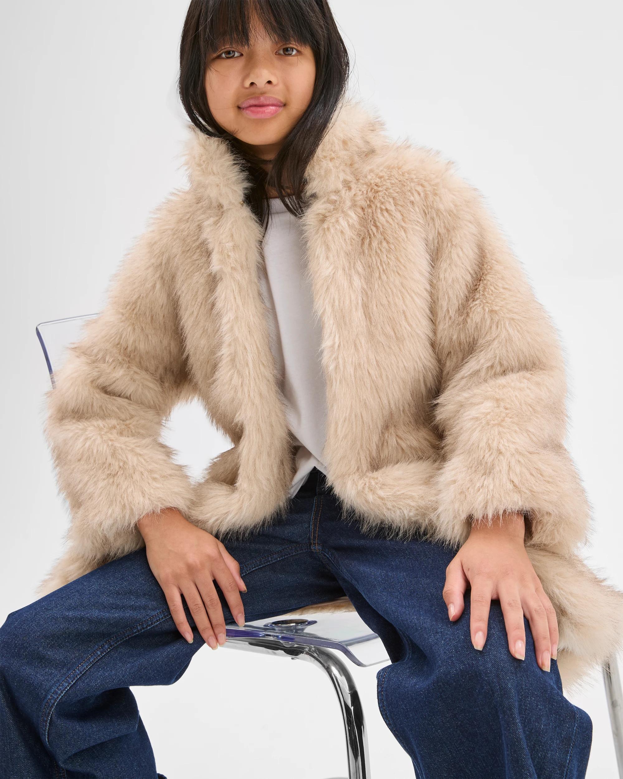 1 Target Kids Faux Fur Longline Jacket CREAM, 1 of 7