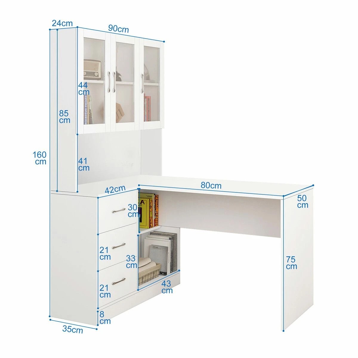 3 LUXSUITE Computer Desk and Bookcase 3in1 White, 3 of 5