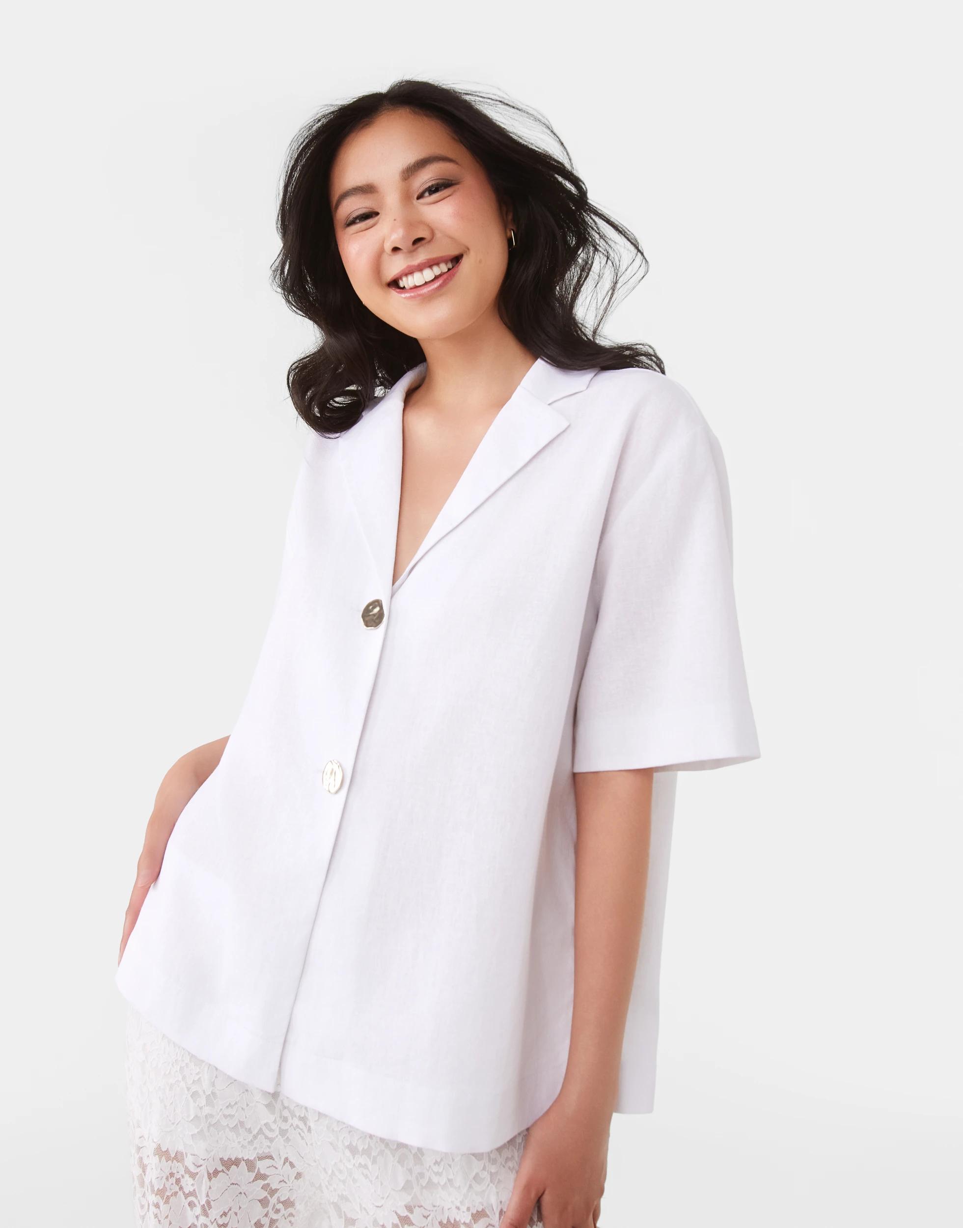 1 Short Sleeve Linen Blend Gold Button Top White, 1 of 10