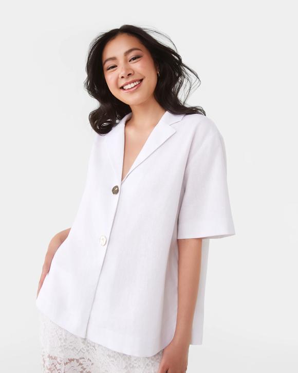 Short Sleeve Linen Blend Gold Button Top