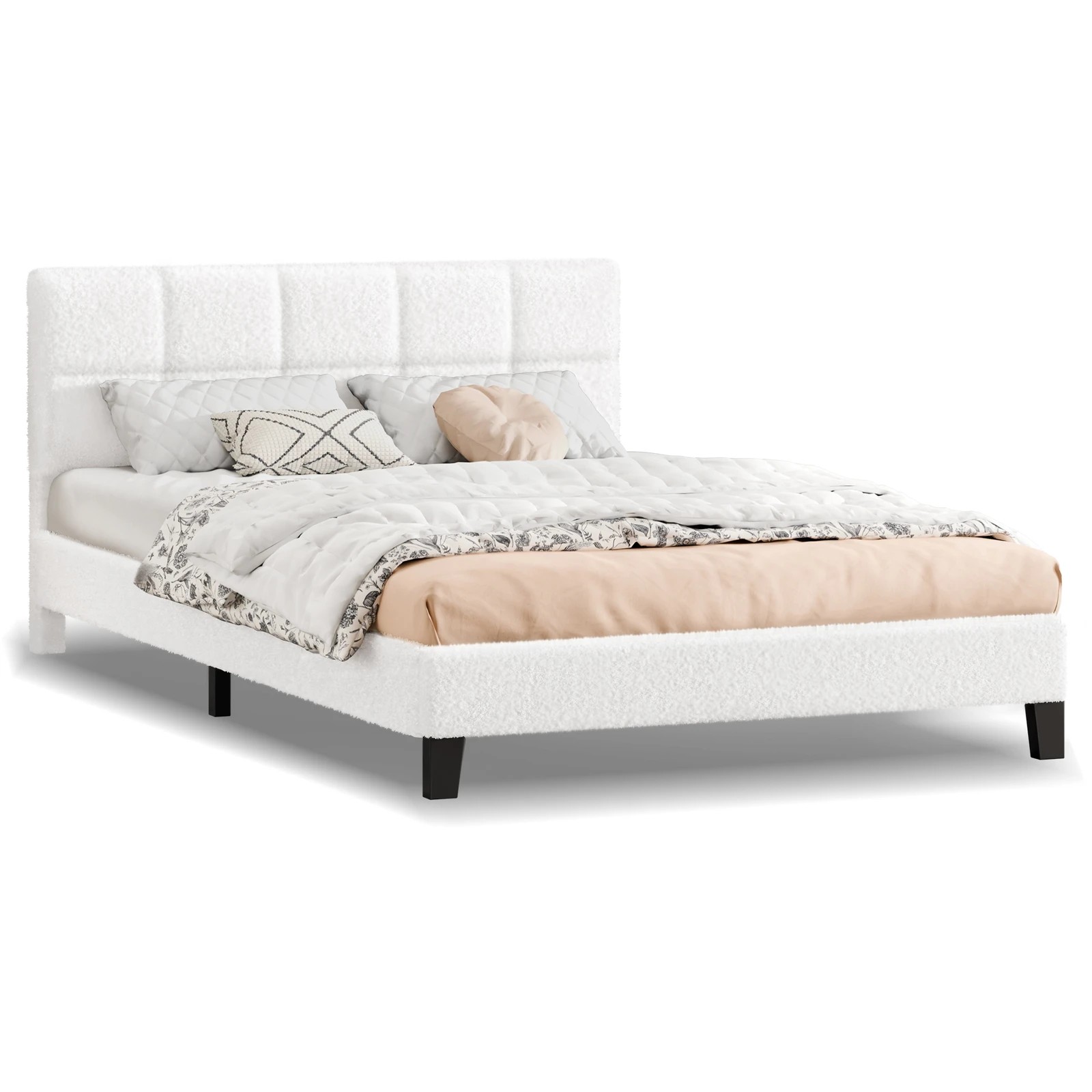 1 Alfordson Bed Frame Double Size Wooden Slats Platform Boucle Paula - White, 1 of 9