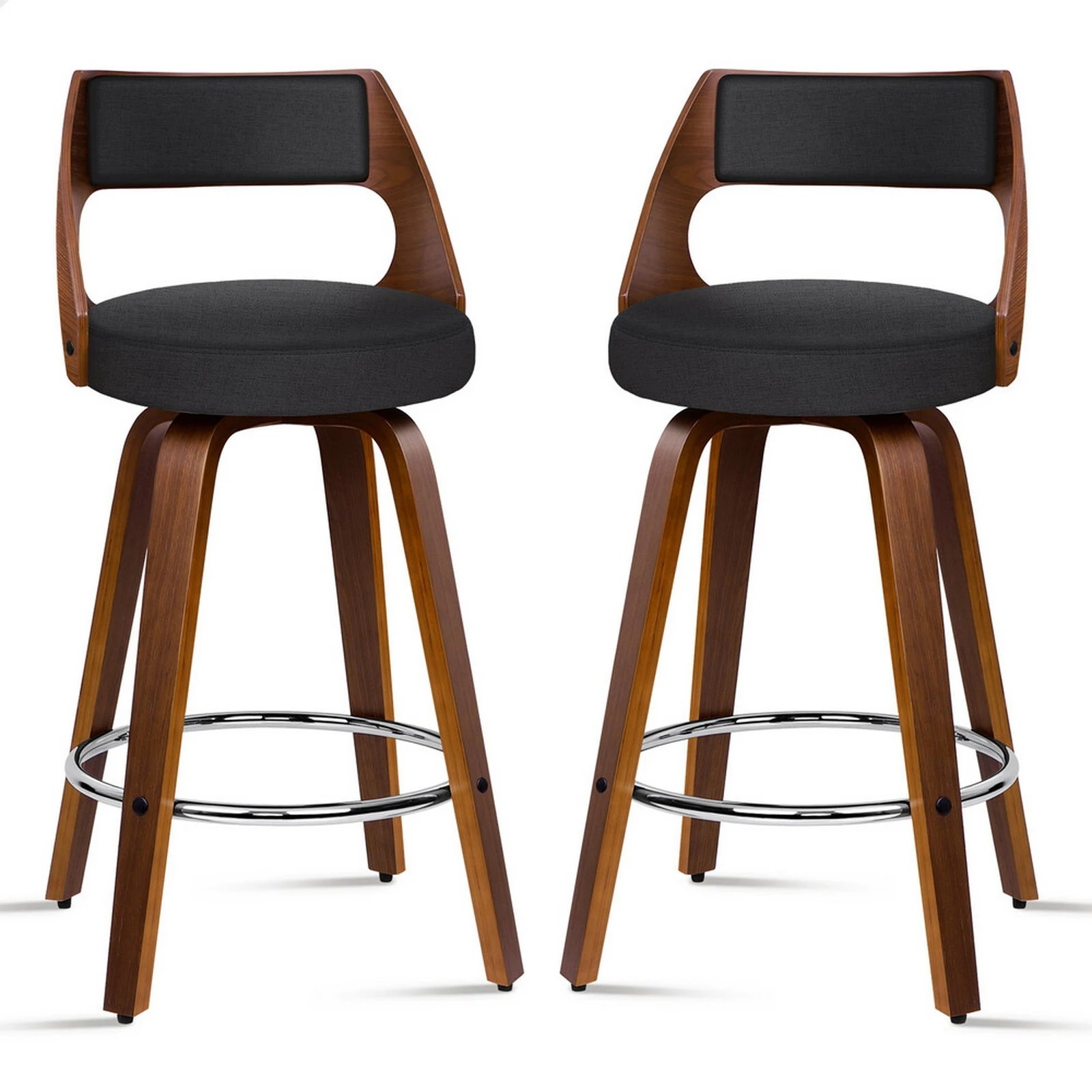 1 Alfordson 2x Swivel Bar Stools Eden Kitchen Dining Chair Wooden Fabric - Black, 1 of 10