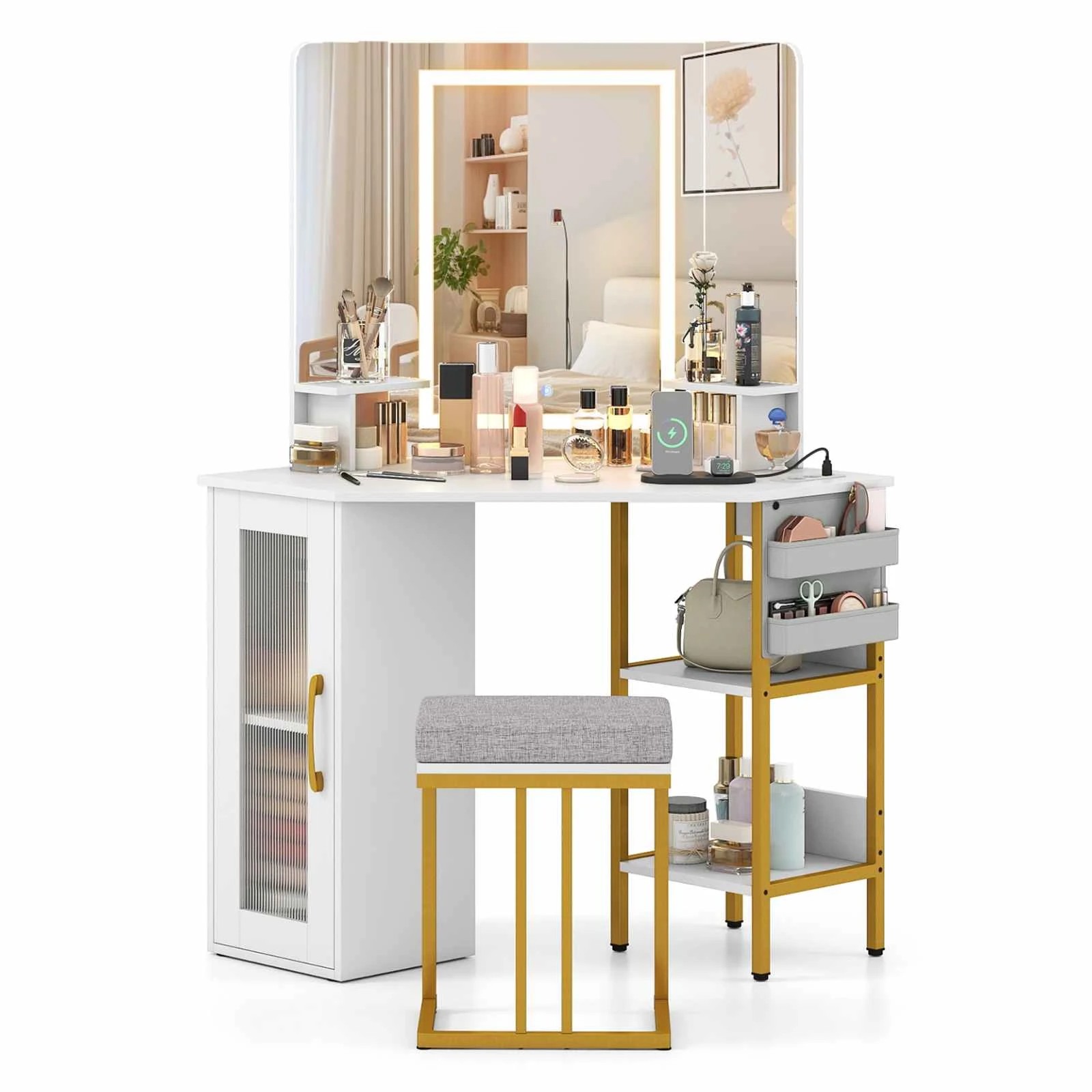 5 Costway Vanity Desk Set w/Triple Mirror & Lights Corner Dressing Table & Chair, 5 of 6