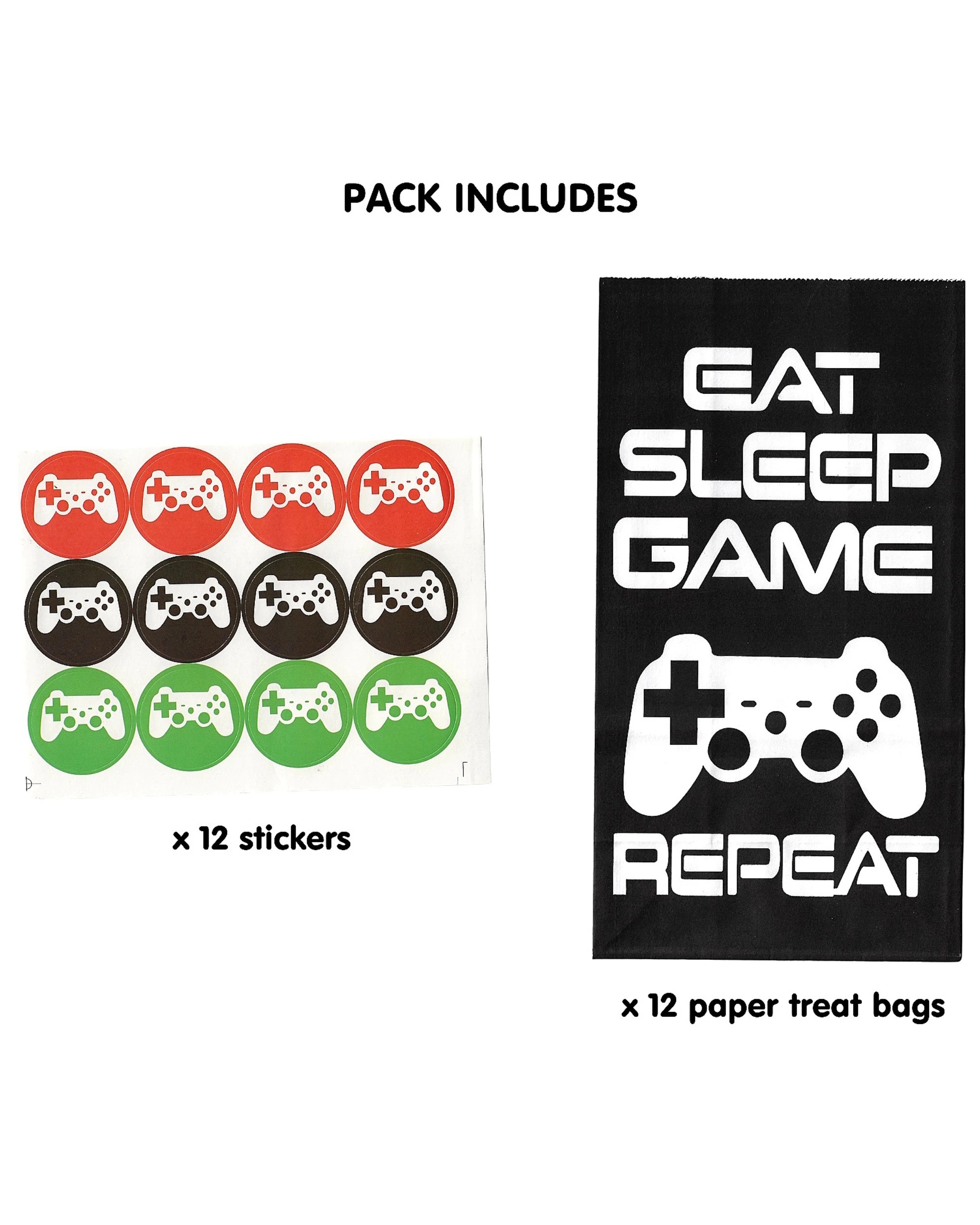 2 Party Maker Eat Sleep Game Repeat Paper Party Bags With Stickers Pack of 12 - Black, 2 of 5