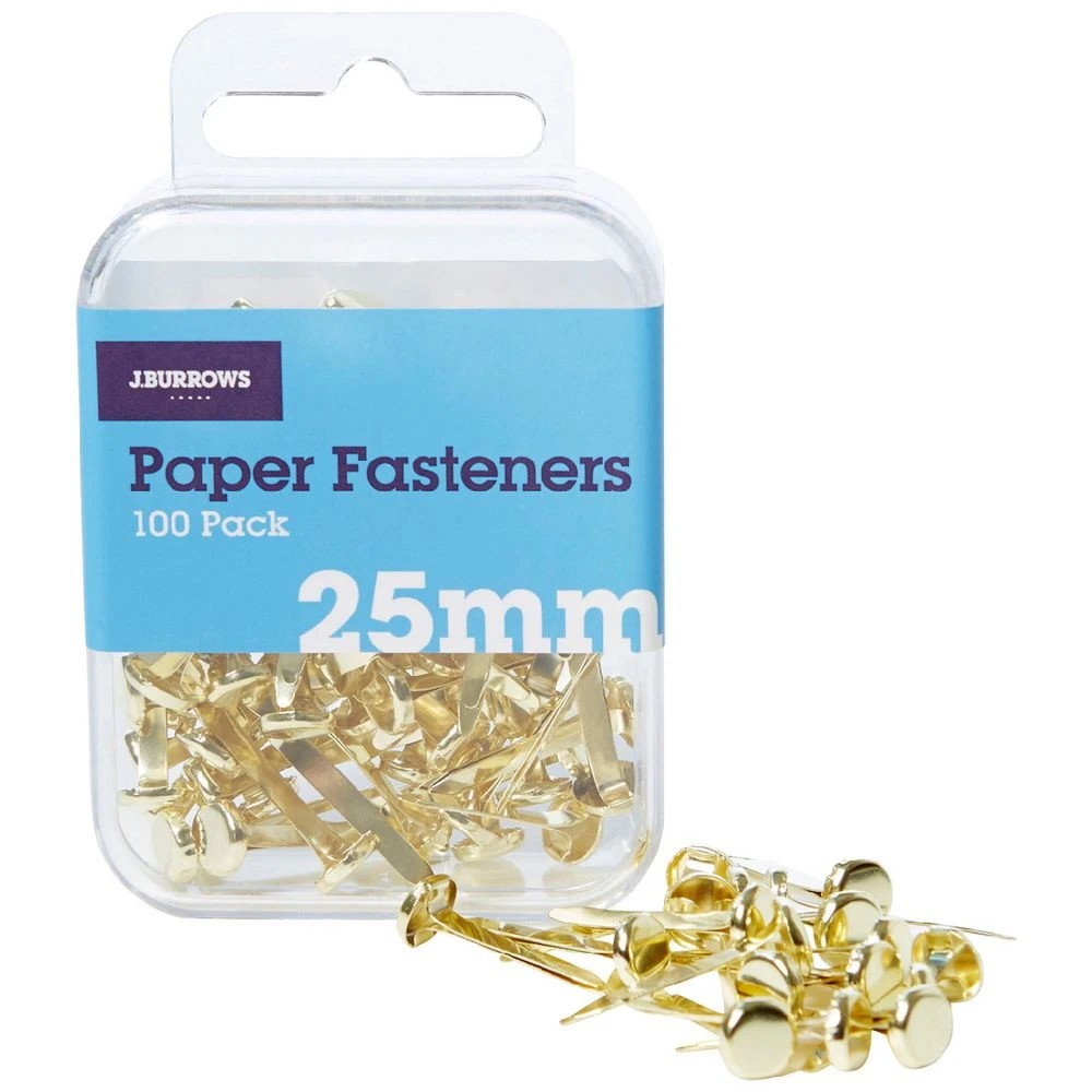 1 J.Burrows 25mm Paper Fasteners Gold 100 Pack, 1 of 3