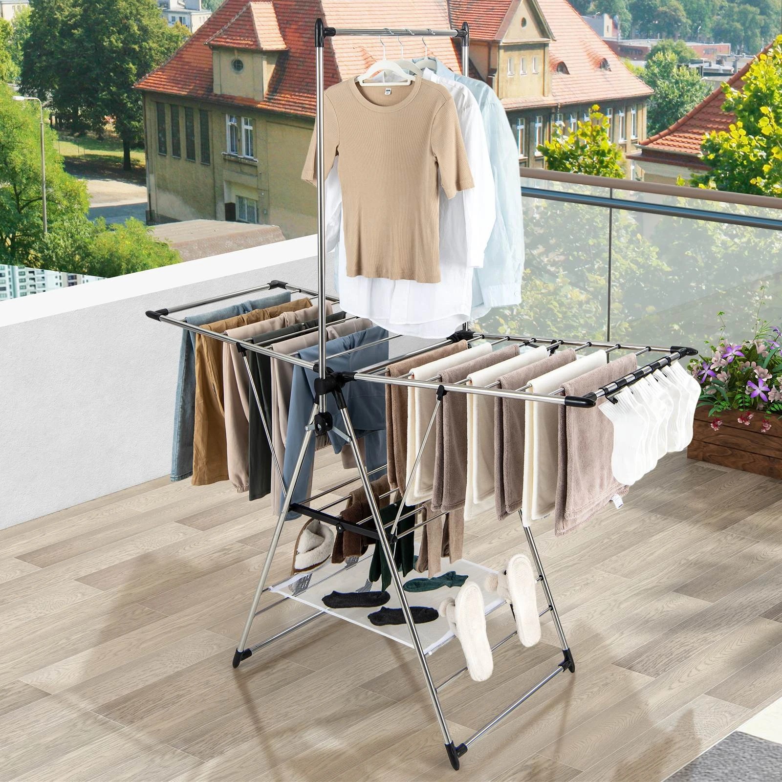 2 Costway Clothes Drying Rack Stainless Steel Gullwing Airer 6 Adjustable Height Laundry Stand, 2 of 9