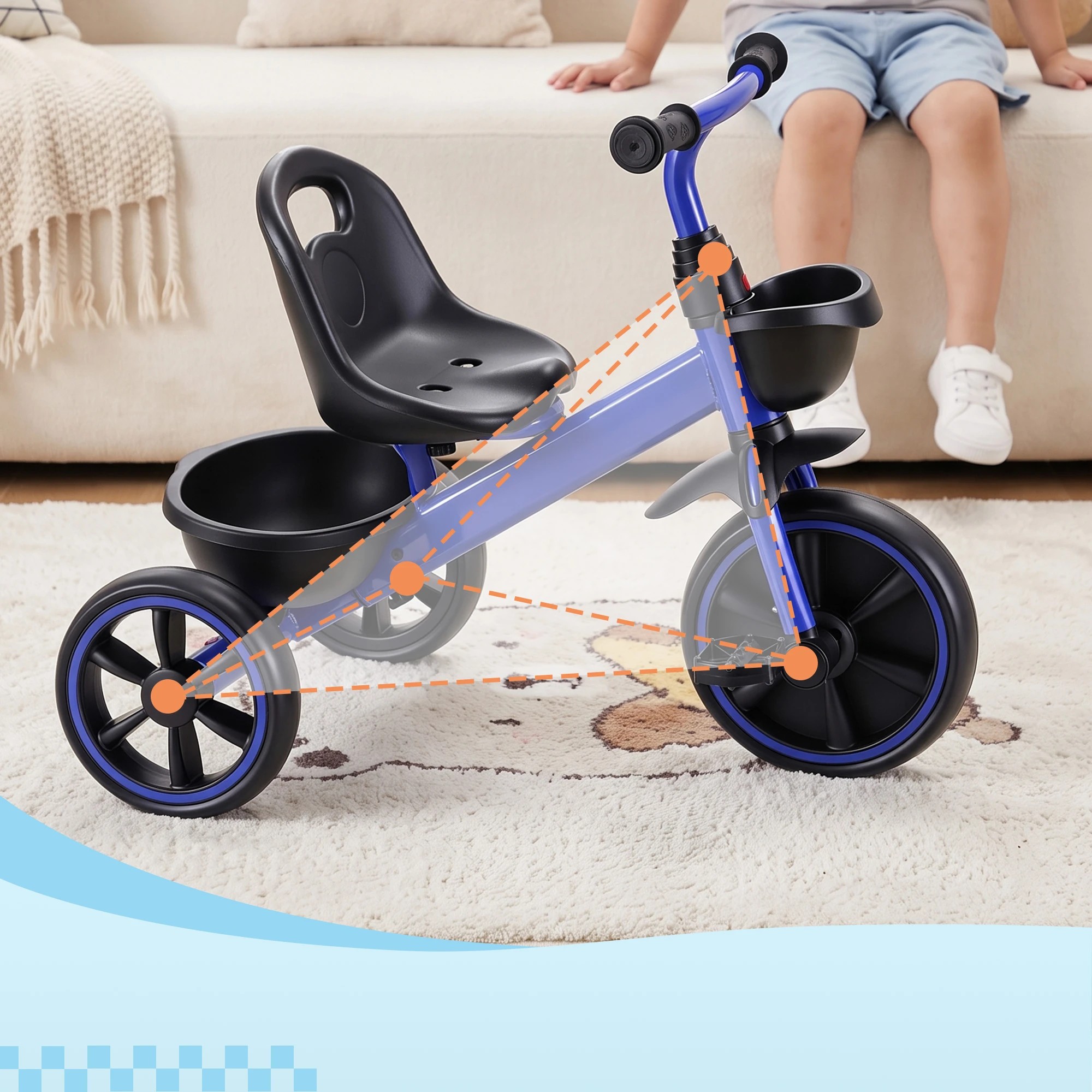 7 RIGO Tricycle Bike, Kids Bike with 3 wheels, basket Carbon Steel 68cm - Blue, 7 of 9