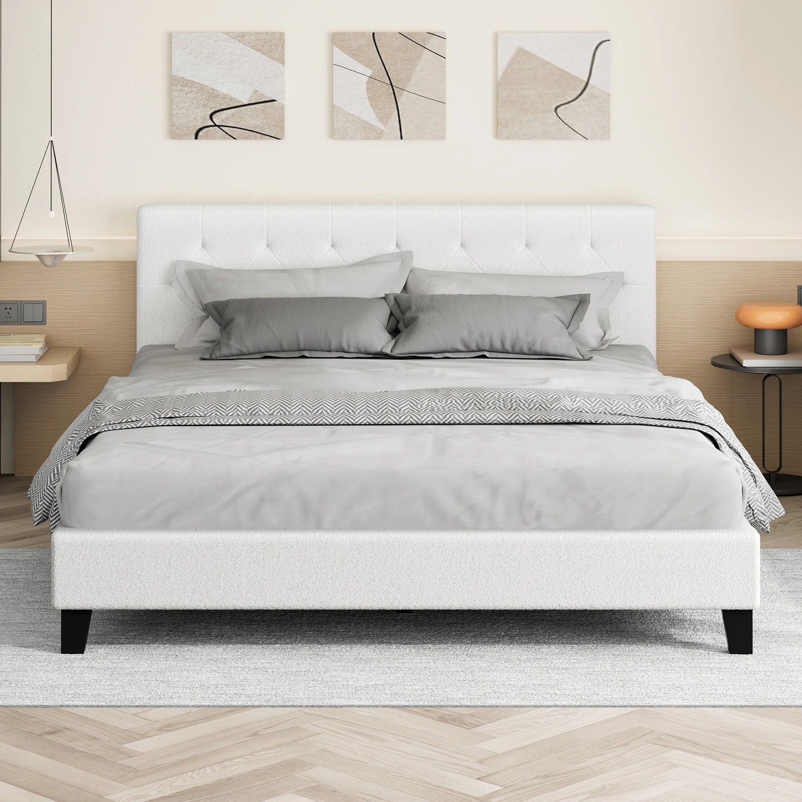 3 Alfordson Bed Frame Queen Size Wooden Base Platform Boucle Madelyn - White, 3 of 10