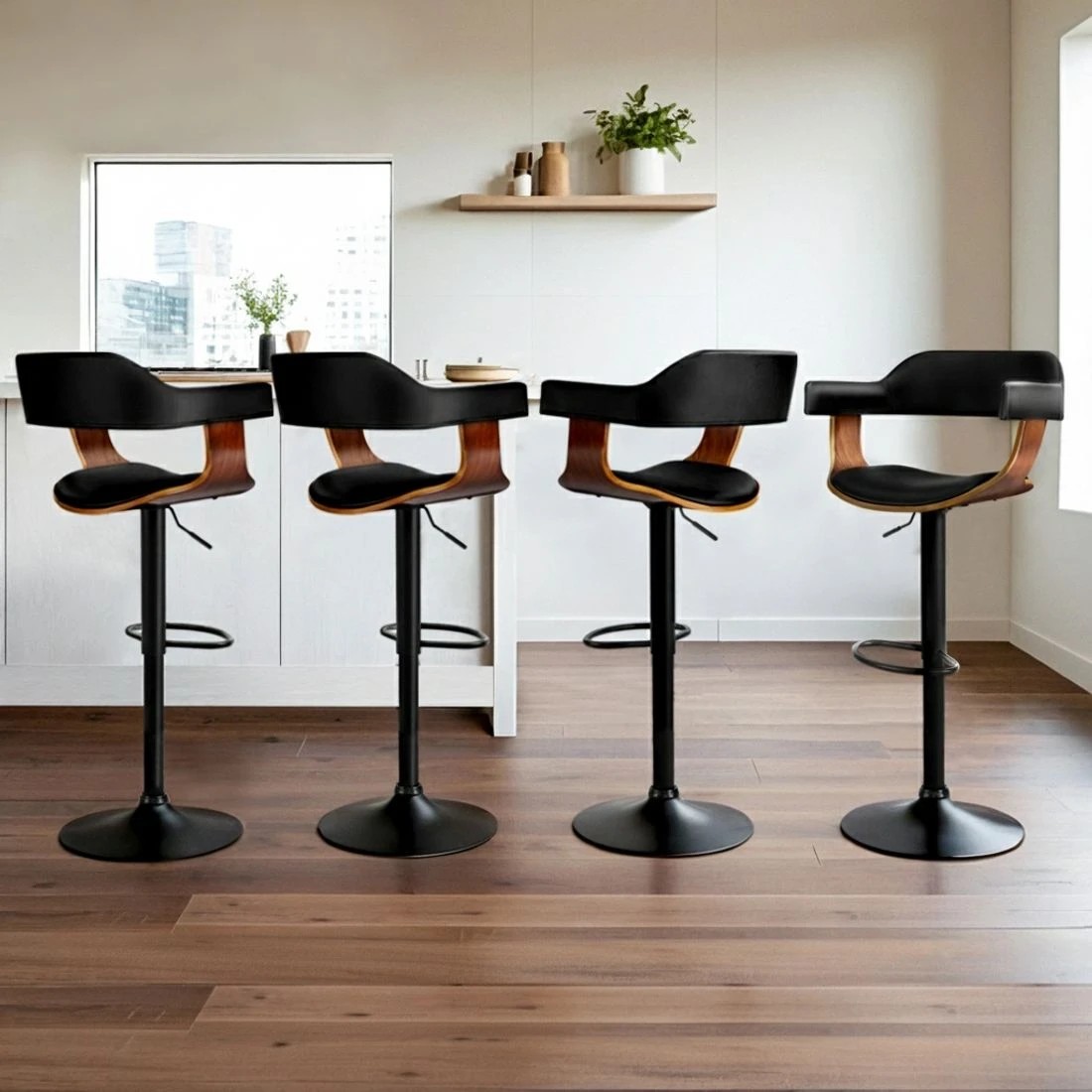 5 Artiss 4x Bar Stools Gas Lift Leather w/Armrest All - Black, 5 of 5