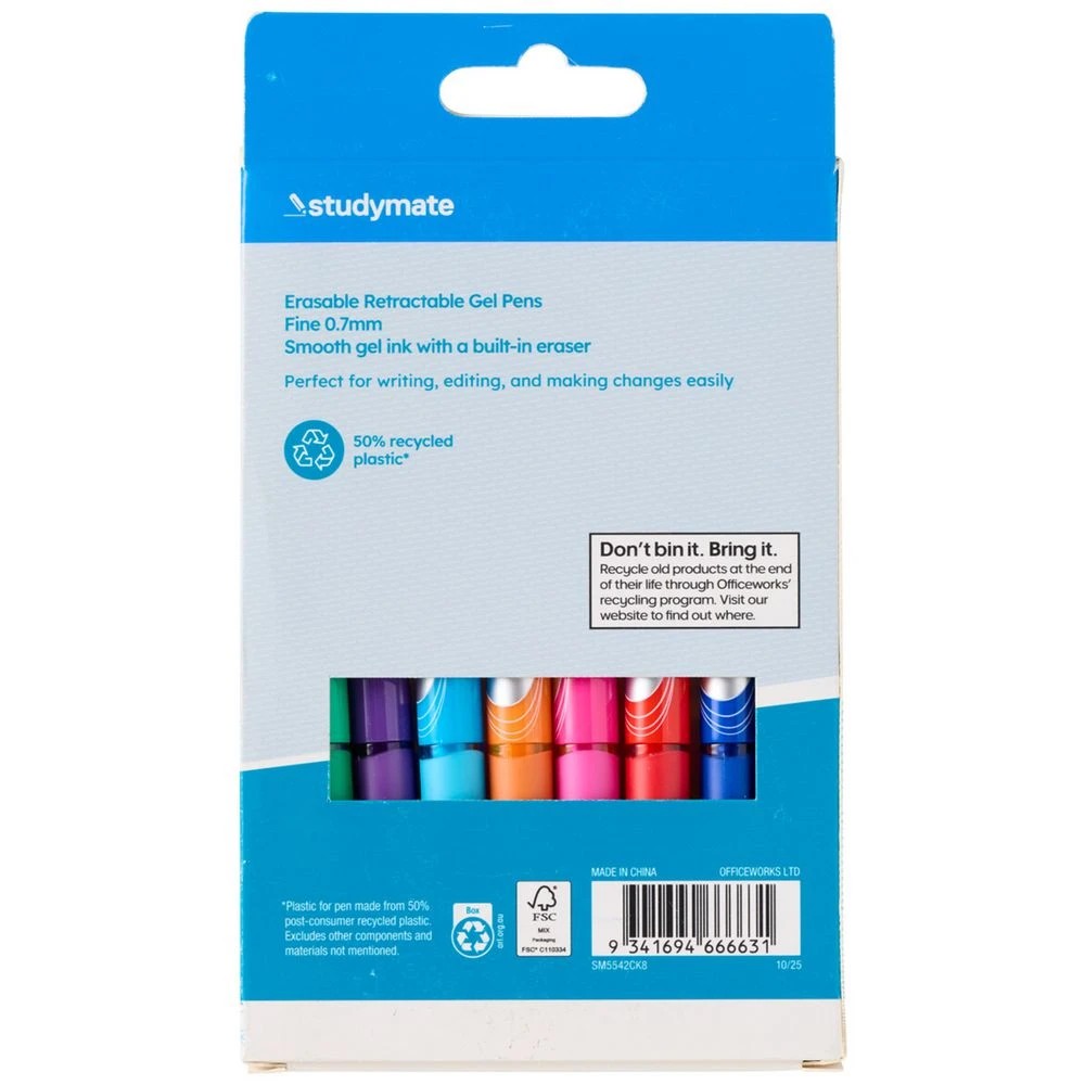 3 Studymate 0.7mm Retractable Erasable Gel Ink Pen Assorted 8PK, 3 of 9
