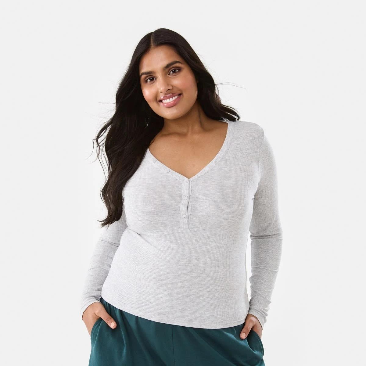 3 Long Sleeve Rib Henley Top Slvr Marle, 3 of 8