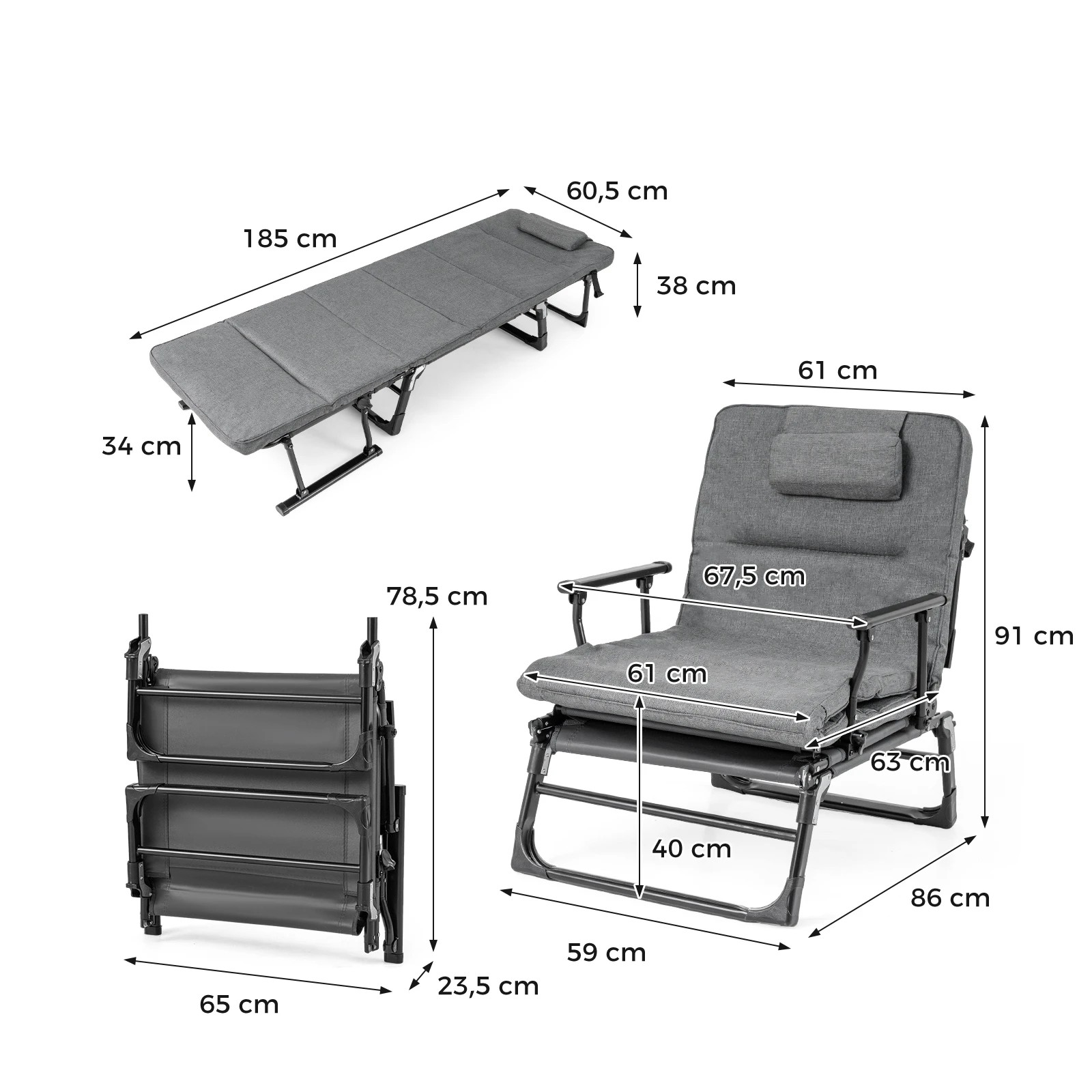 3 Costway 3 in 1 Folding Camping Cot Lounge Sleeper Bed Convertible Sofa Chair w/6-Position Adjustable, 3 of 3