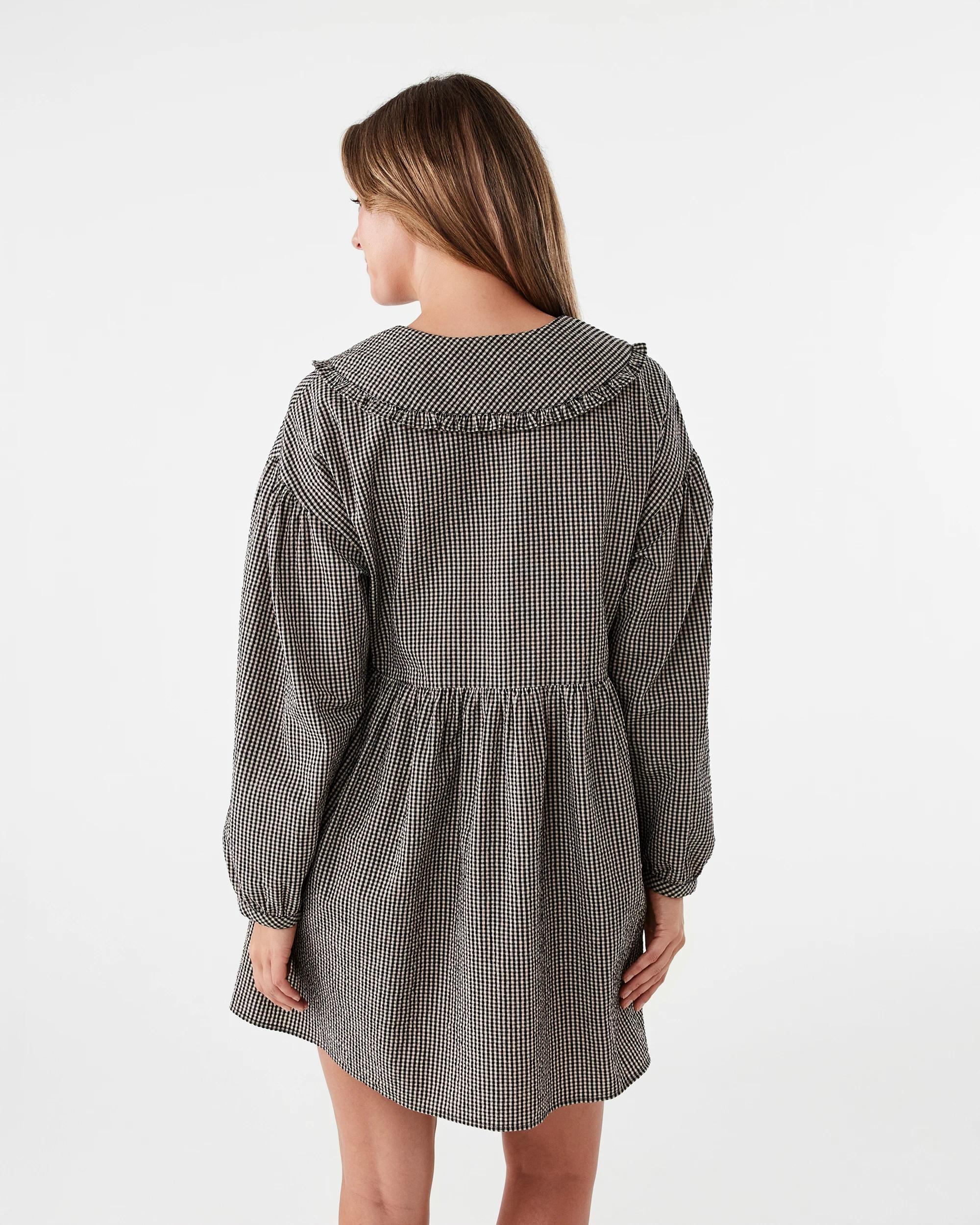 3 Long Sleeve Collared Mini Dress Black Ging, 3 of 8