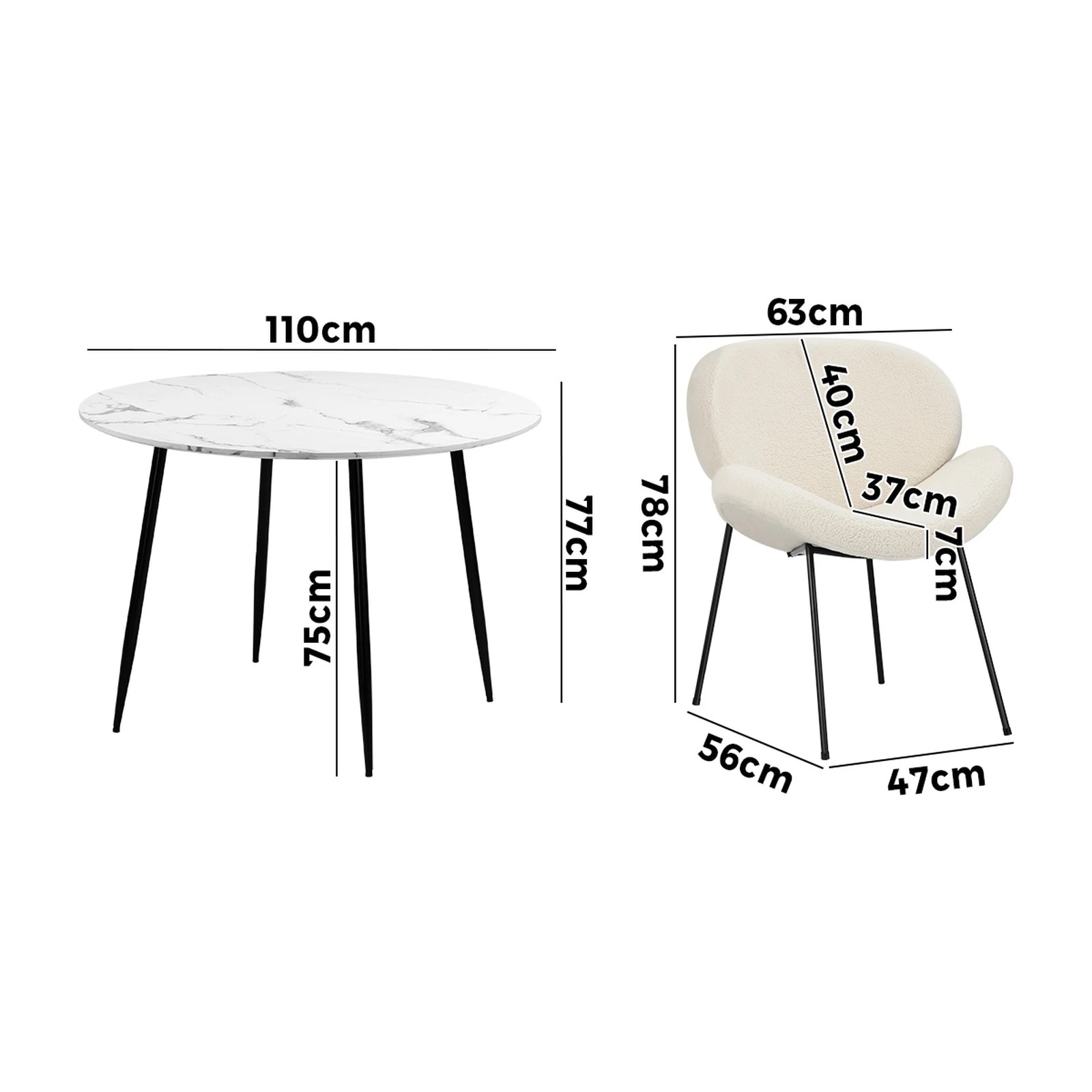 2 Oikiture 110cm Round Dining Table with 4PCS Dining Chairs Sherpa - Multi, 2 of 9