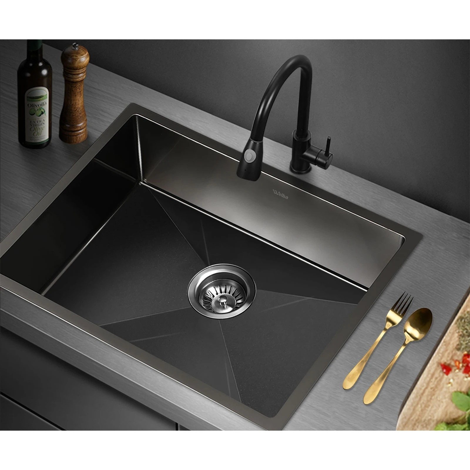 3 Welba Kitchen Sink Stainless Steel Basin Single Under/Top/Flush Mount 60X45CM - Black, 3 of 6