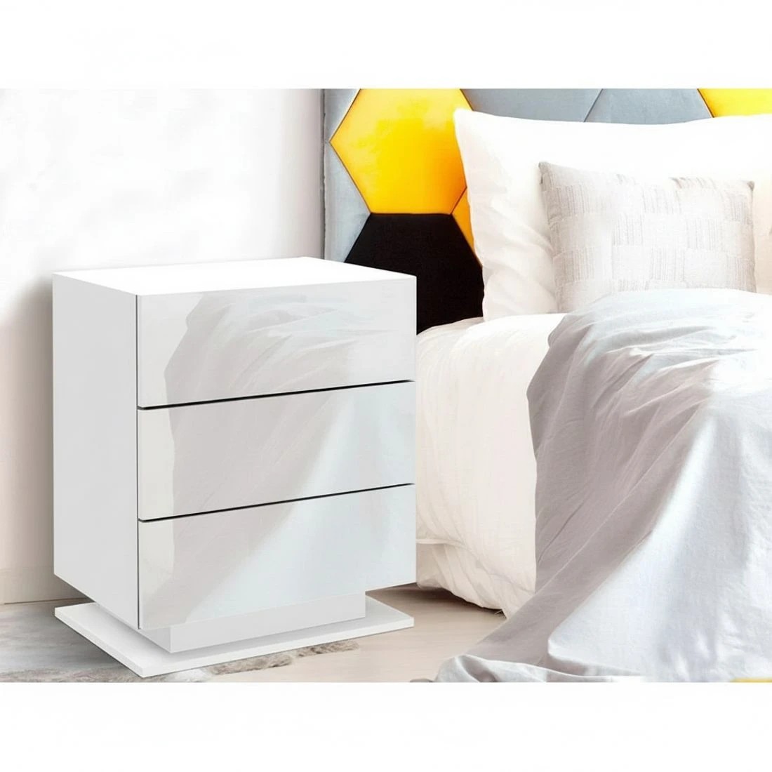 4 Artiss Bedside Table LED 3 Drawers - White, 4 of 5